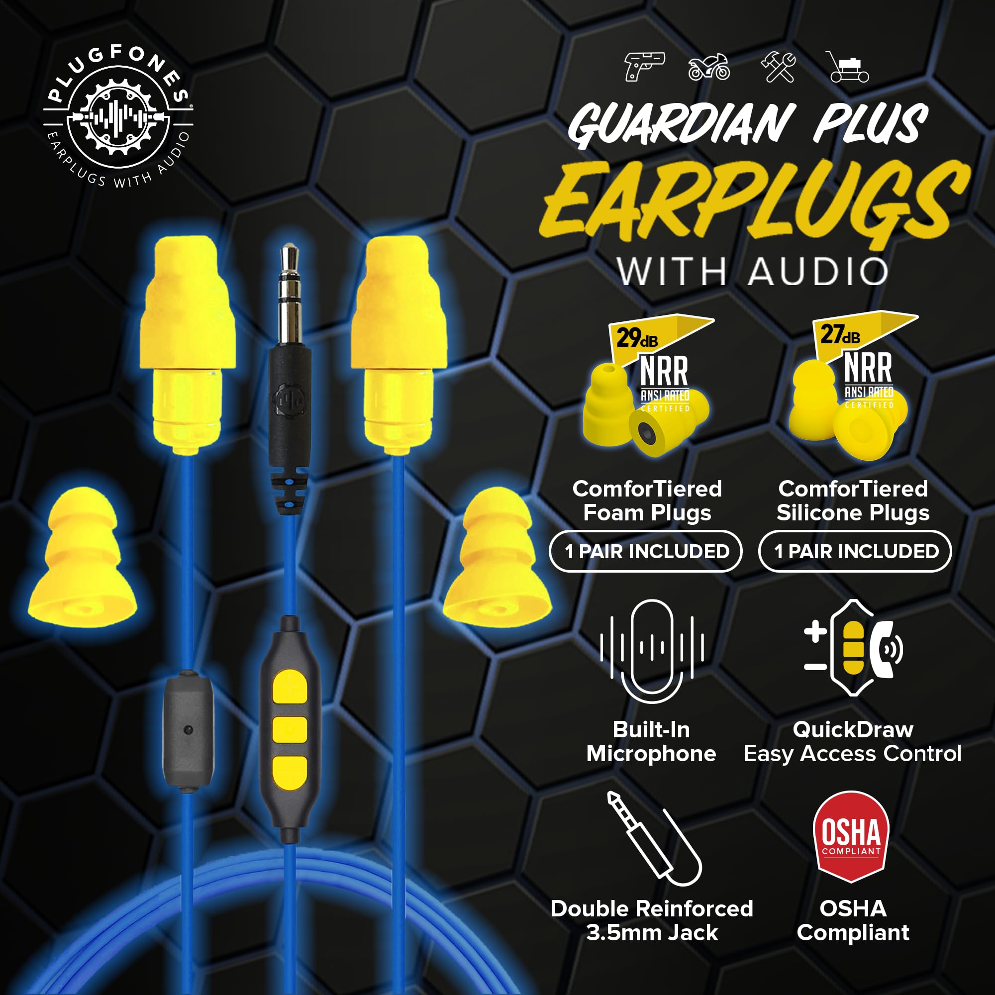 Plugfones Guardian Plus, słuchawki z dźwiękiem, 26 dB NRR, mikrofon izolujący hałas i sterowanie