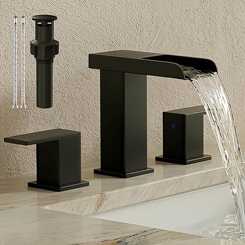Matte Black Bathroom Faucets, 8 Inch Widespread Waterfall Bathroom Sink Faucet with Pop-up Drain, Modern Aesthetic Anti-Splash Vanity Fixture for Remodel & Commercial Upgrade