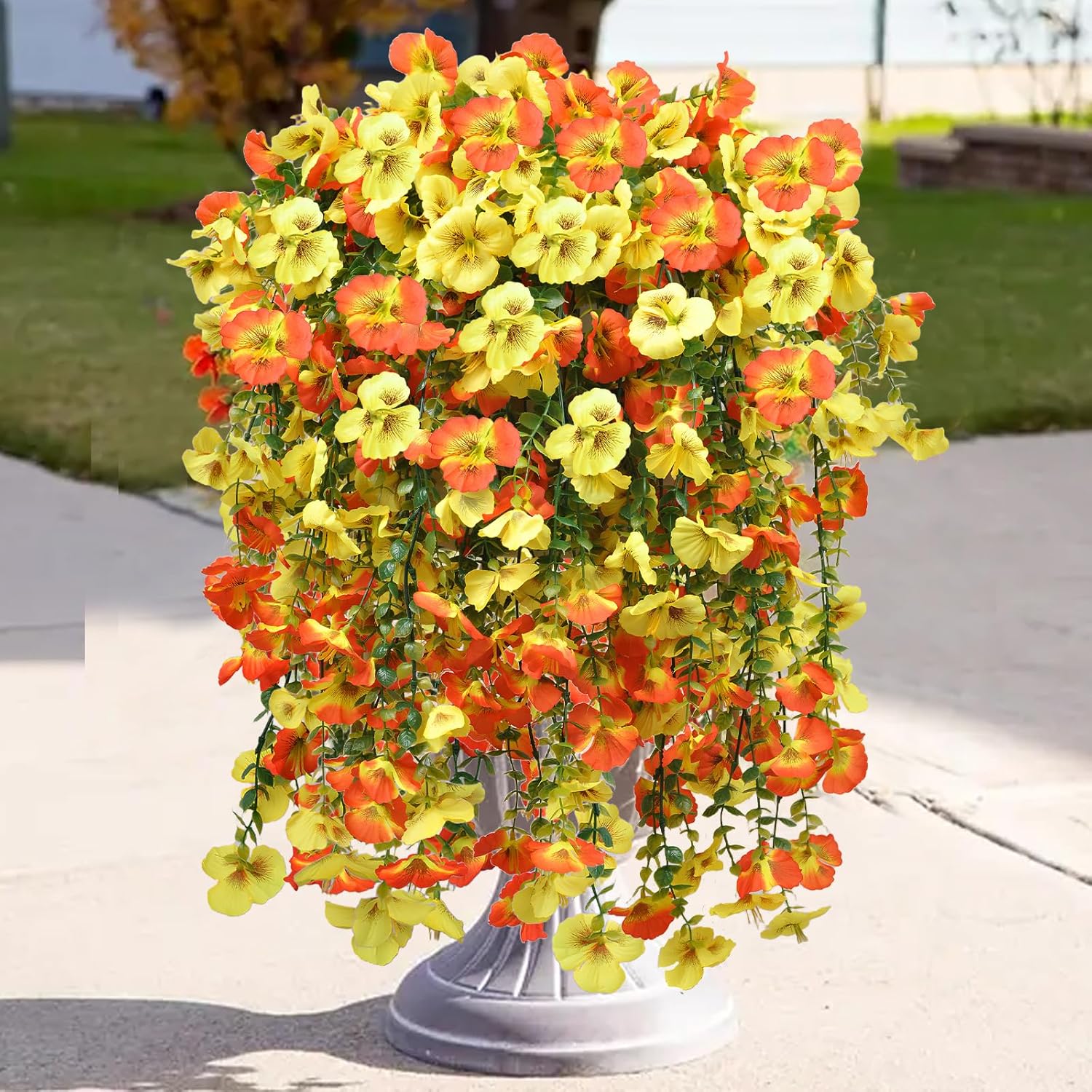 6PC 29-Inch Outdoor Hanging Artificial Morning Glories, UV-Resistant Realistic Decorative Flowers Set for Flower Pots, Balconies, Porches, Gardens Weddings Or Parties (Orange-Yellow)