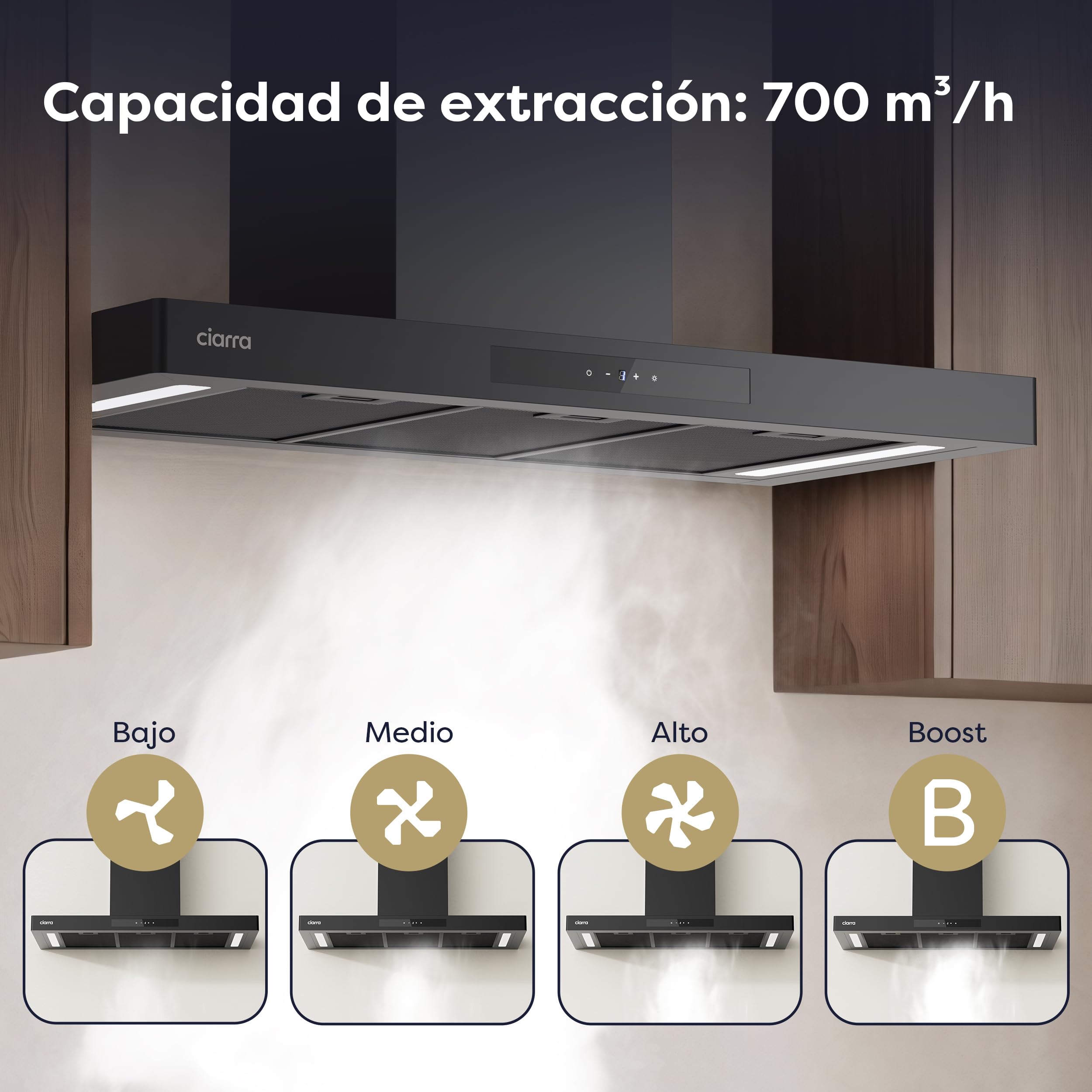 CIARRA CBCB9102-P Campana Extractora 90cm Clase A+++ 706 m³/h A+++ WIFI