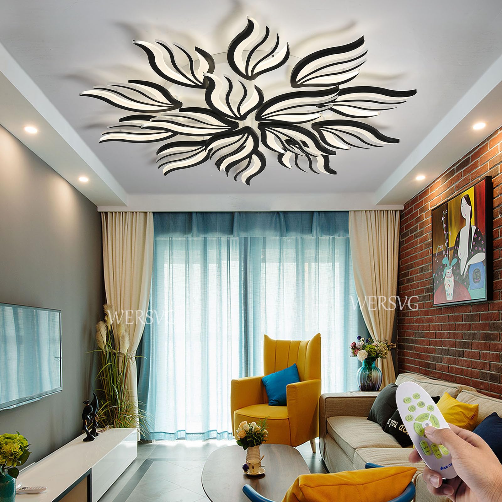 Nowoczesna lampa sufitowa LED Kreatywna czarna 15-płomienna lampa sufitowa Ściemnialna 3500K-6500K Z pilotem, Do salonu Sypialnia Kuchnia Jadalnia Lampa do przedpokoju Ø115cm, 145W