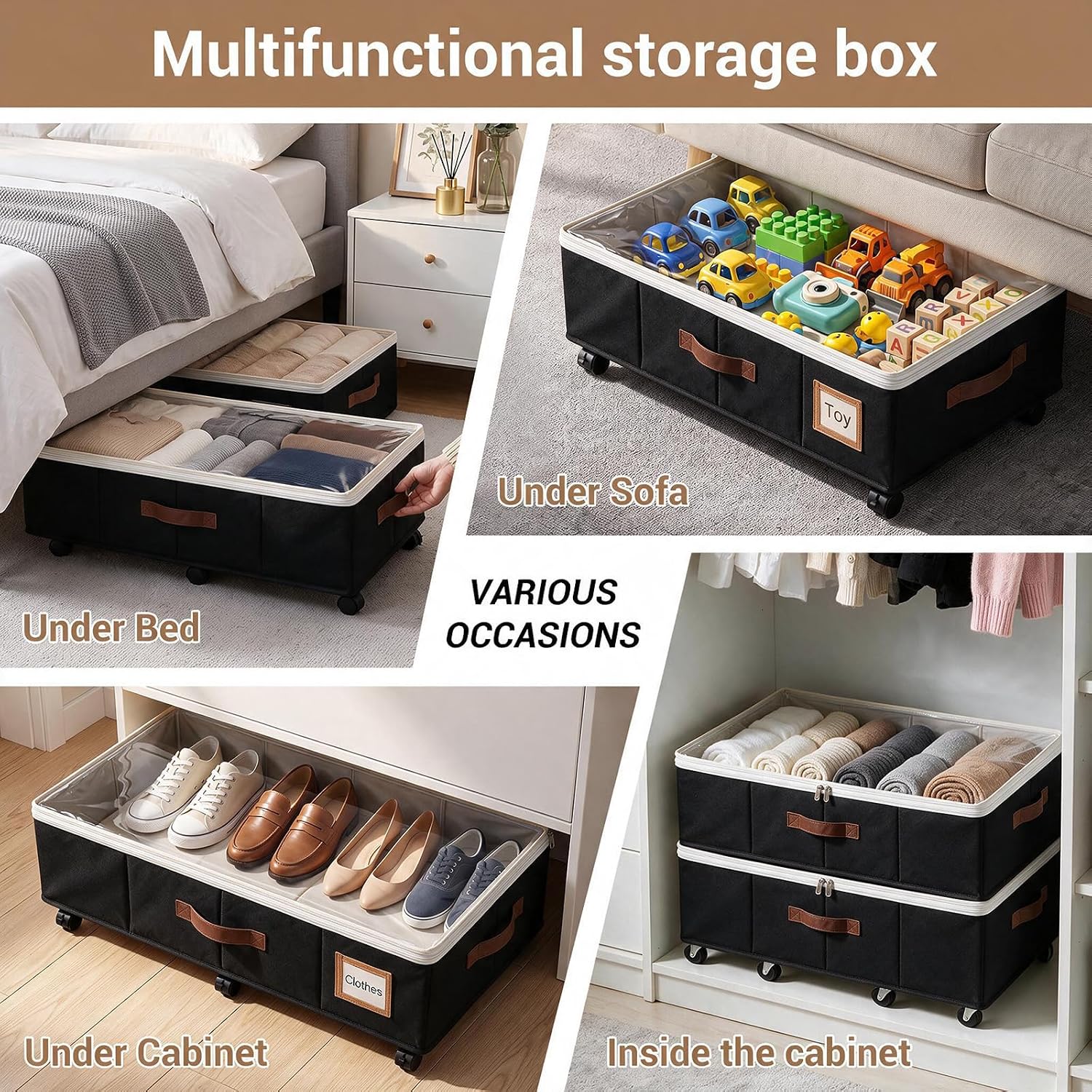 2 Pack Underbed Storage Boxes with Wheels, Black