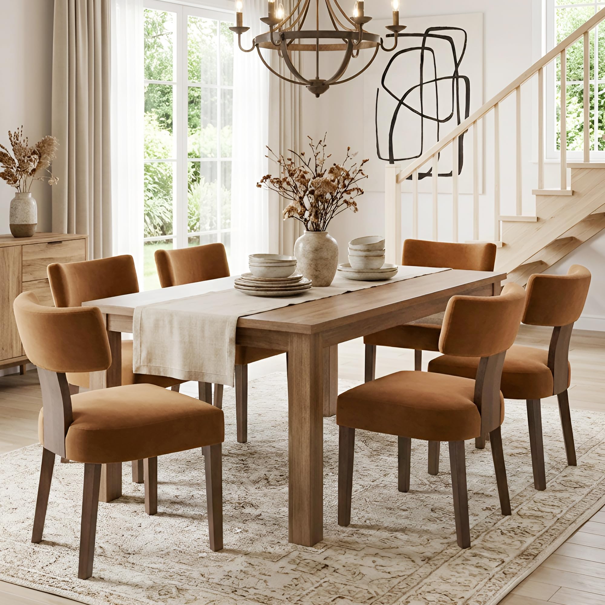 HNY Mid Century Modern Dining Chairs, Velvet Fabric Farmhouse Upholstered and Curved Backrest Kitchen Accent Chairs Set of 6, with Hardwood Frame, Burnt Caramel