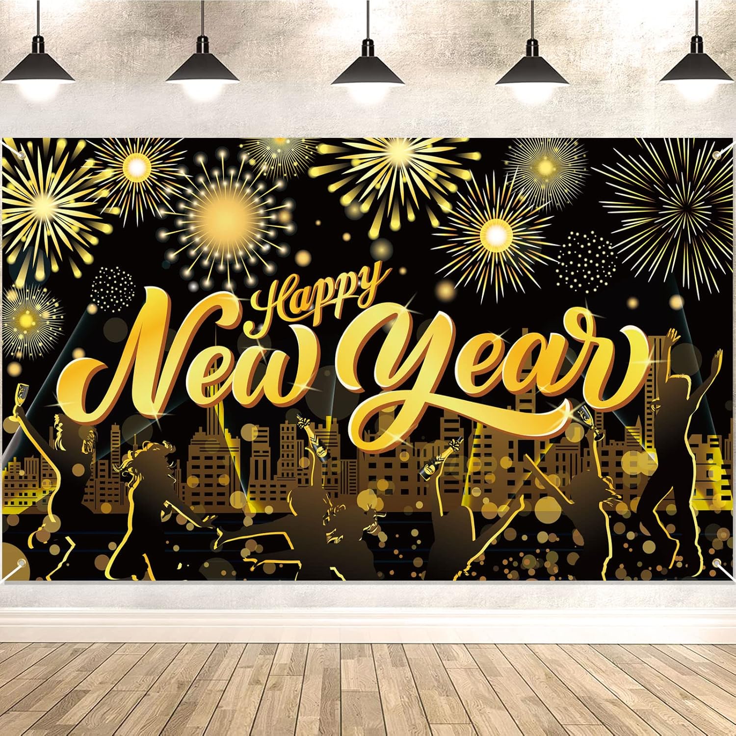 HOWAF Extra Large Black Gold Happy New Year Banner New Years Backdrop NYE Decorations 2026 New Years Eve Backdrop Photo Background for Happy New Year Decorations 2026