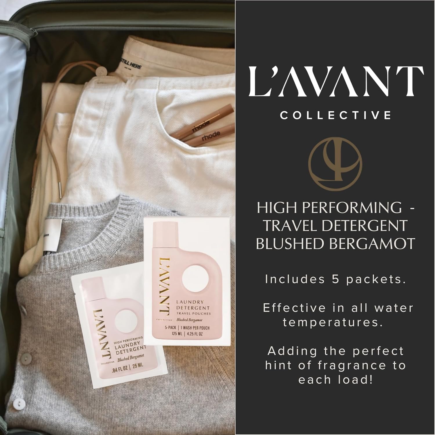 L’AVANT Collective Laundry Detergent Travel Pack – Set of 5 Concentrated Liquid Packets | Plant-Based High-Performance Laundry Soap for Clothes, Delicates & Everyday Fabrics | Blushed Bergamot