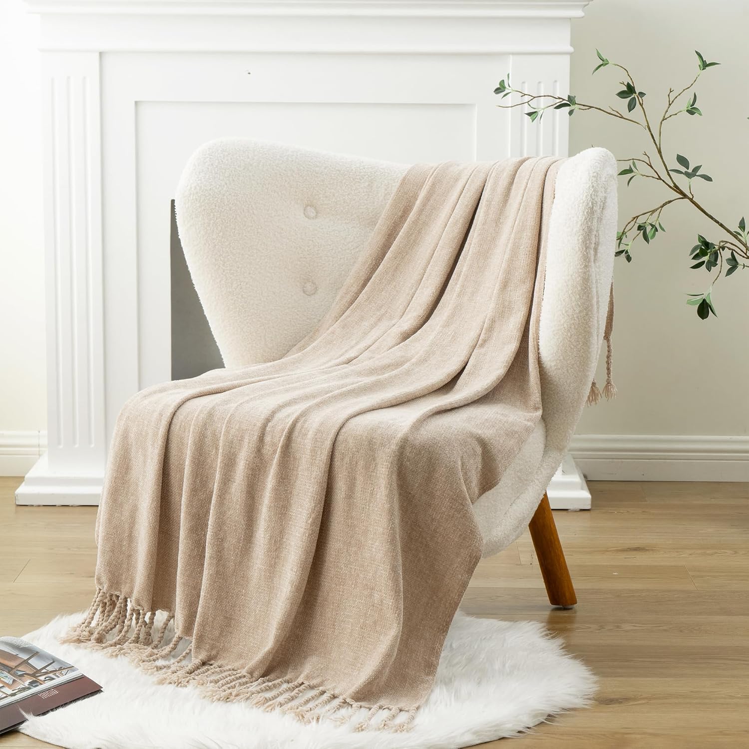 BATTILO HOME Beige Chenille Throw Blanket for Couch, Decorative Fringe Velvety Khaki Tan Throw Blanket for Sofa Home Decor, 50"x60" - Image 2