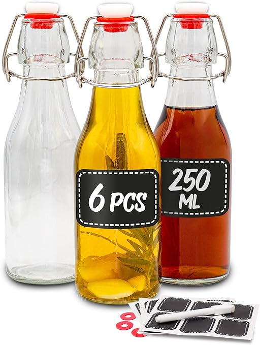 Praknu 6 Bottiglie di Vetro Ermetiche da 250ml con Tappo Meccanico con 6 Guarnizioni Extra e Praknu 6 Bottiglie di Vetro Ermetiche da 250ml con Tappo Meccanico con 6 Guarnizioni Extra e