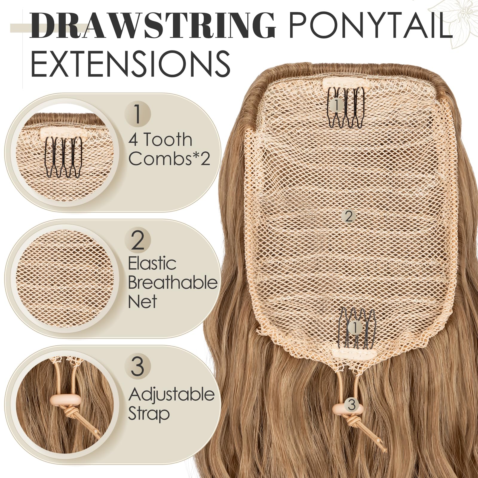 TESS 32 Inches Drawstring Ponytail Extension, Corn Curl Hair Pieces for Women 155g Curly Ponytail Extension, Light Brown - Image 4