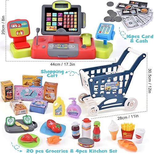 Miniatura 2 de G.C Juguete de caja registradora para niños, juego de simulación con calculadora real, escáner de sonido, carrito de compras, alimentos, dinero de