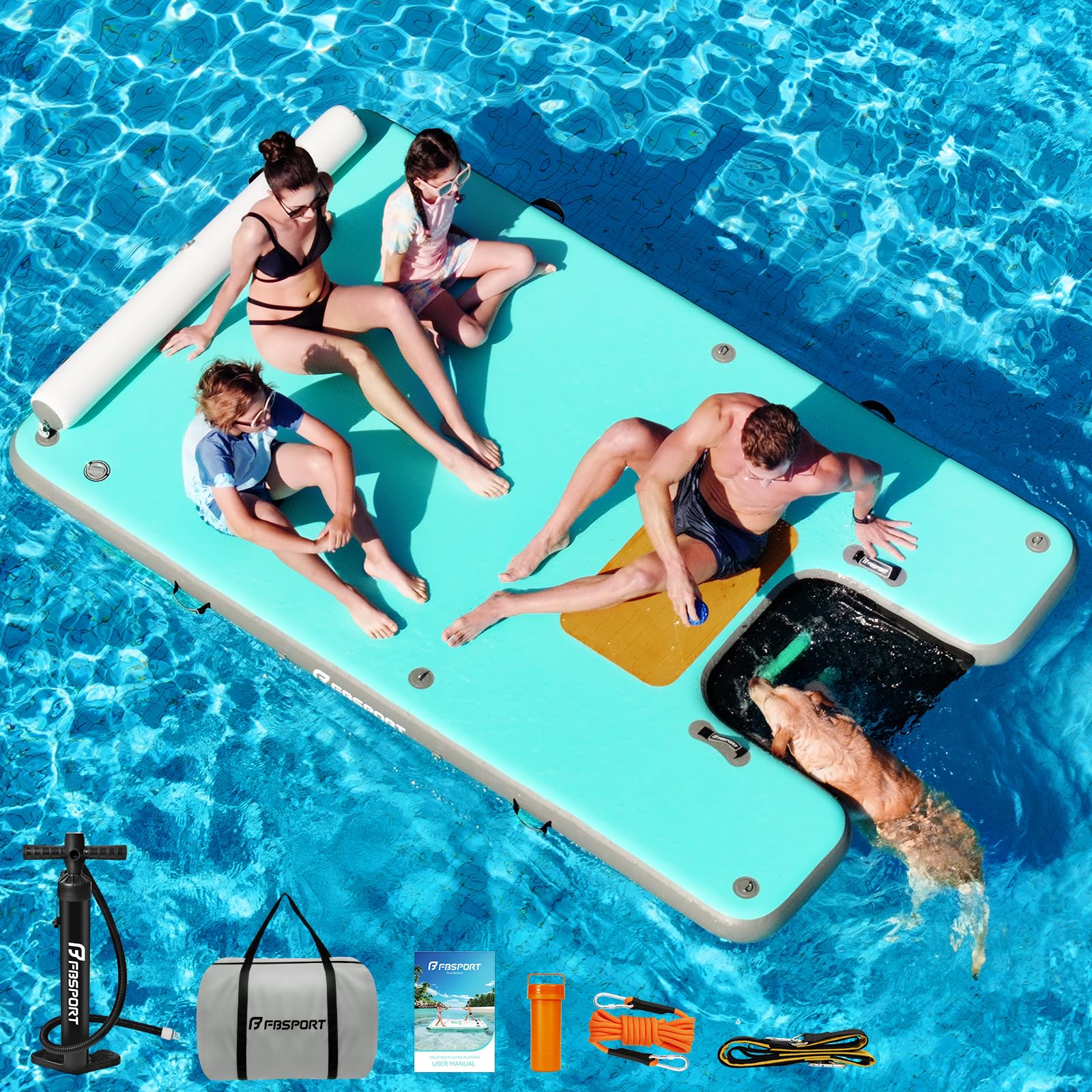 FBSPORT Aufblasbare Schwimmplattform mit Hunderampe, rutschfeste Luft-Schwimmplattform mit Wasserleiter und Kopfstütze, Aufblasbare Wasserinsel für Pool, See, Strand und Meer
