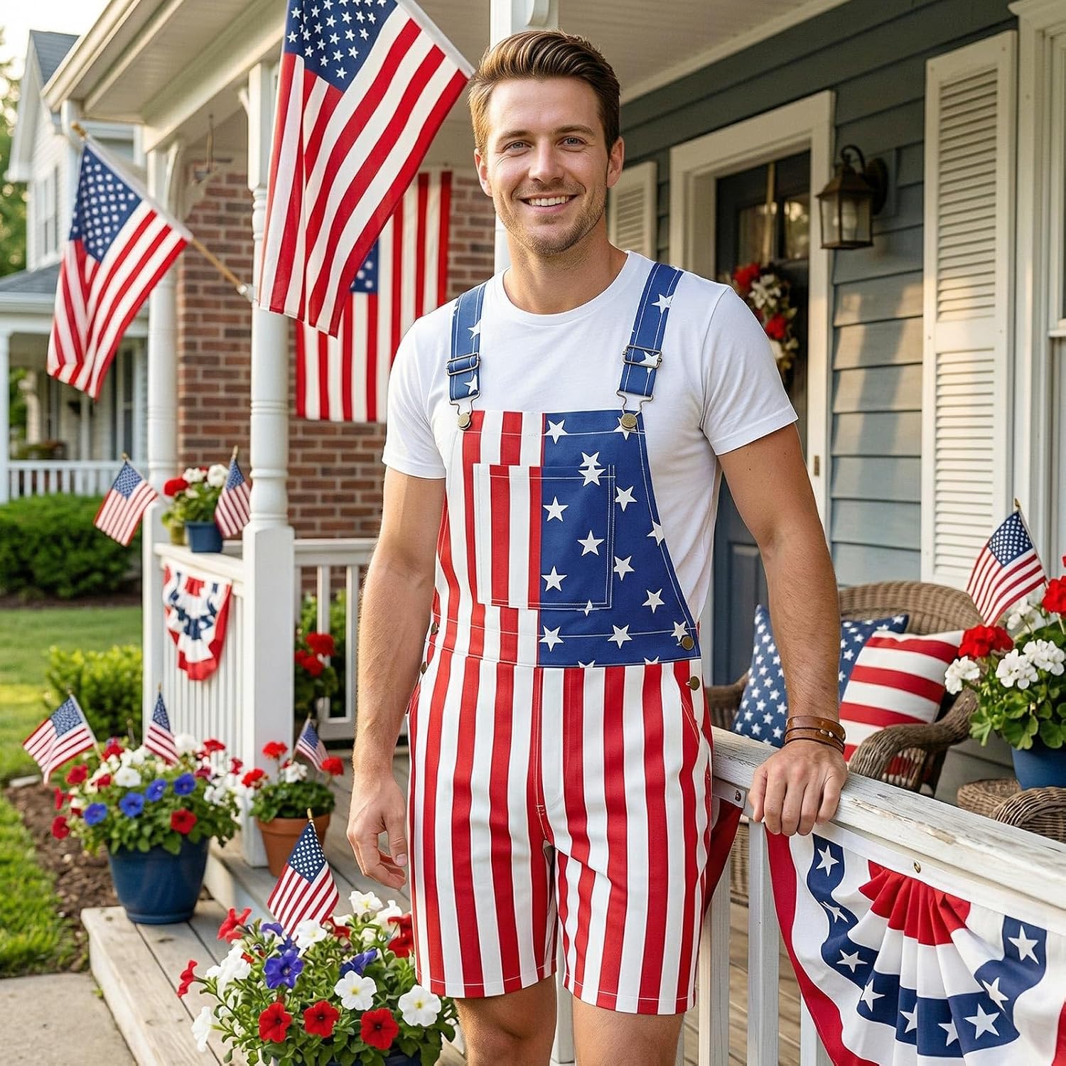 American Flag Overalls for Men and Women, 4th of July Denim Overalls Couple Adjustable Straps Jumpsuit