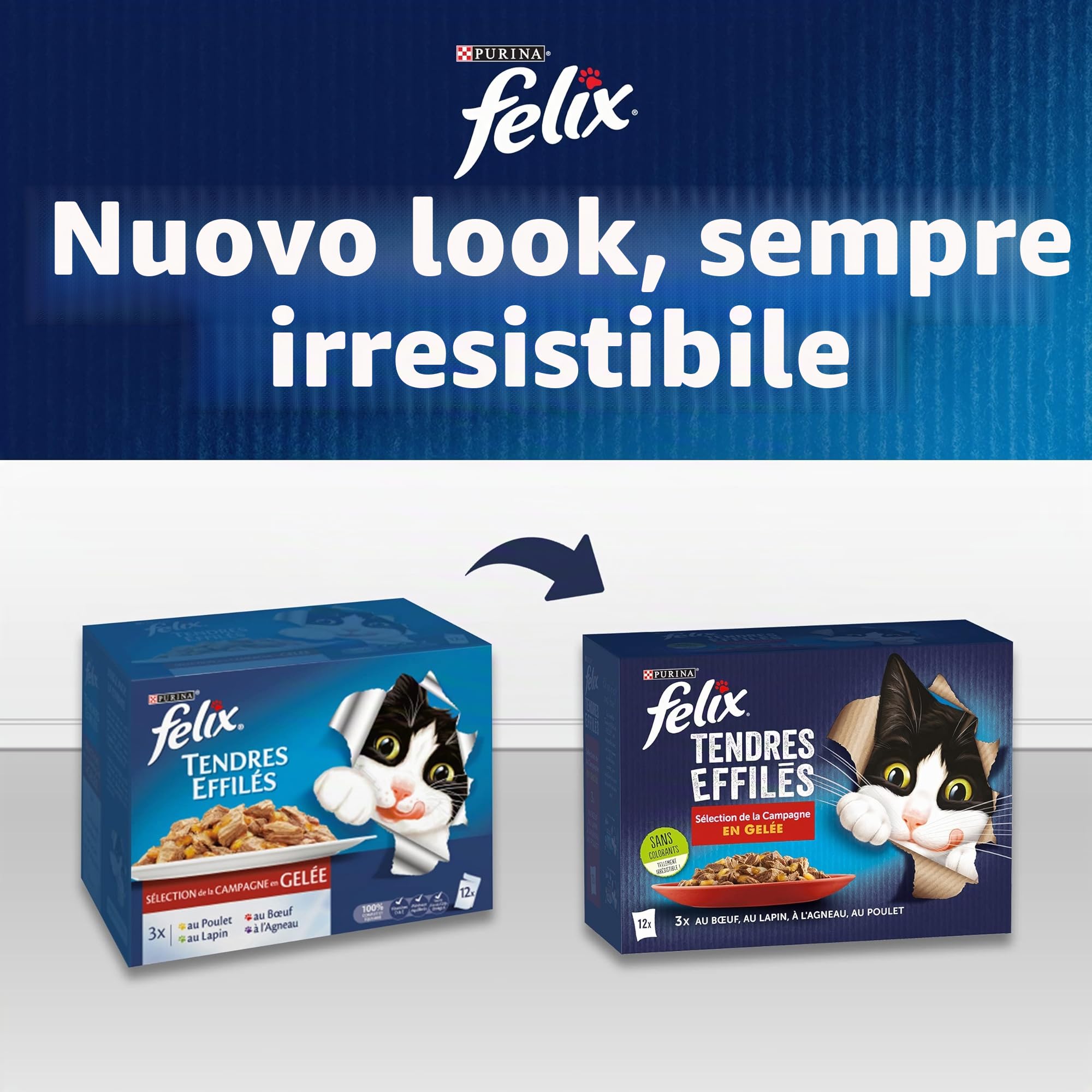 FELIX | Teneri sfibrati | Gatto adulto | In gelatina | Alimentazione completa | Selezione mista: manzo, pollo, tonno e salmone | Bustine fresche, confezione da 4 (24 x 85 g)