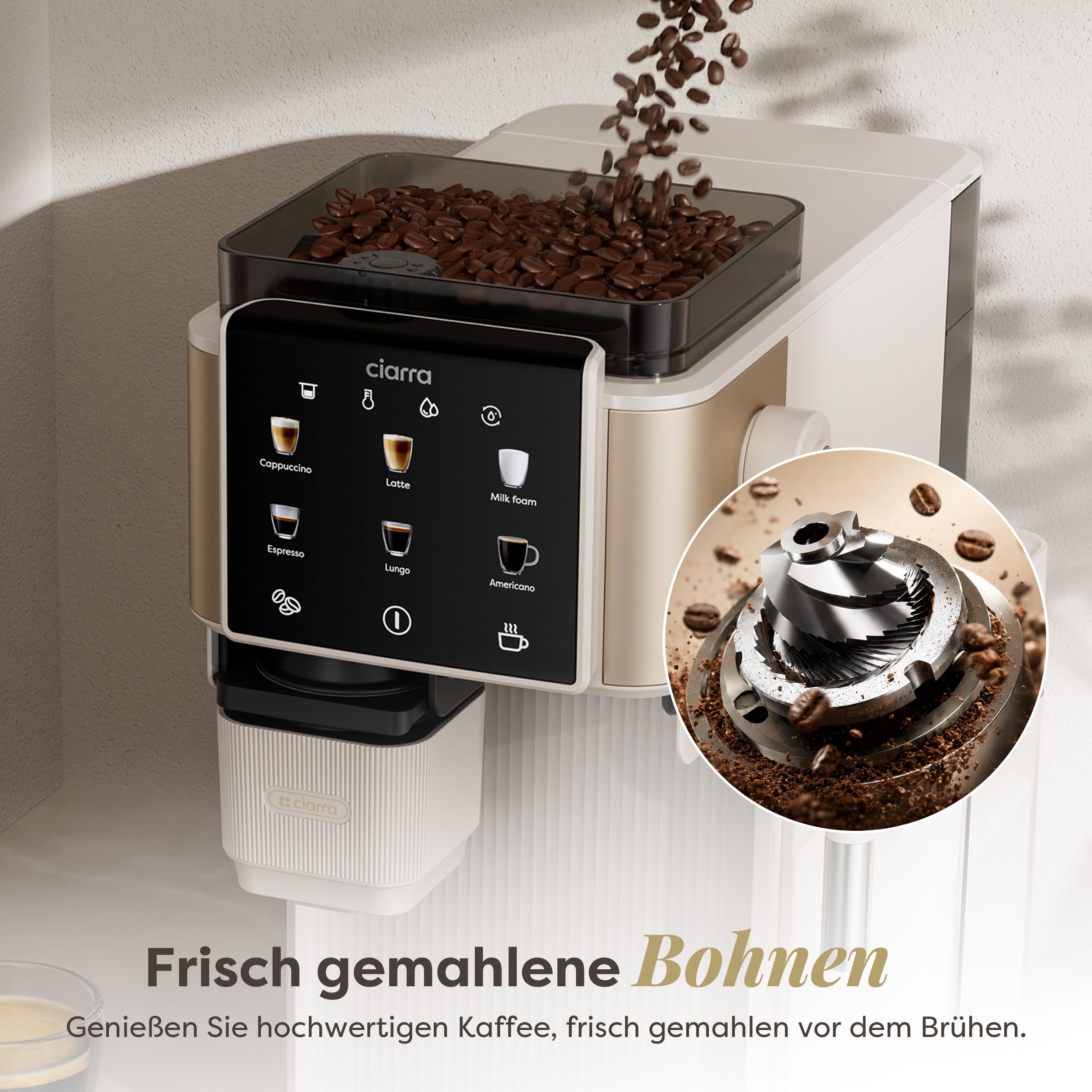 CIARRA CBSACM-D6 Kaffeemaschine mit Mahlwerk und Milchaufschäumer 15 Bar | Semi-automatische Espressomaschine mit automatisches Mahlen Tampen & Brühen, für Espresso Cappuccino, Farb-Touchdisplay