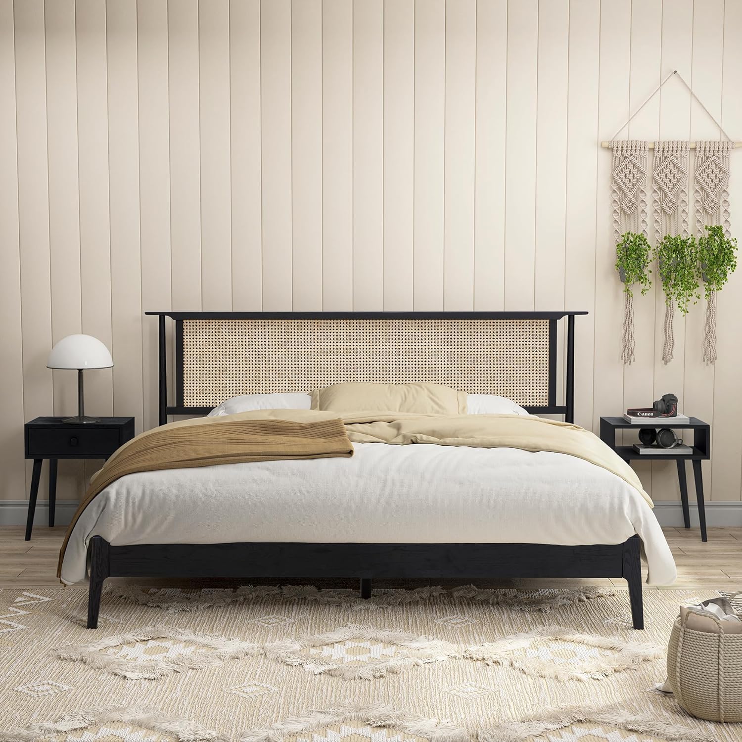 NTC Bundle Ruby King Solid Wood Bed Frame with Headboard and Natural Rattan, Solid Oak Zoe Nightstand - Burnt Black
