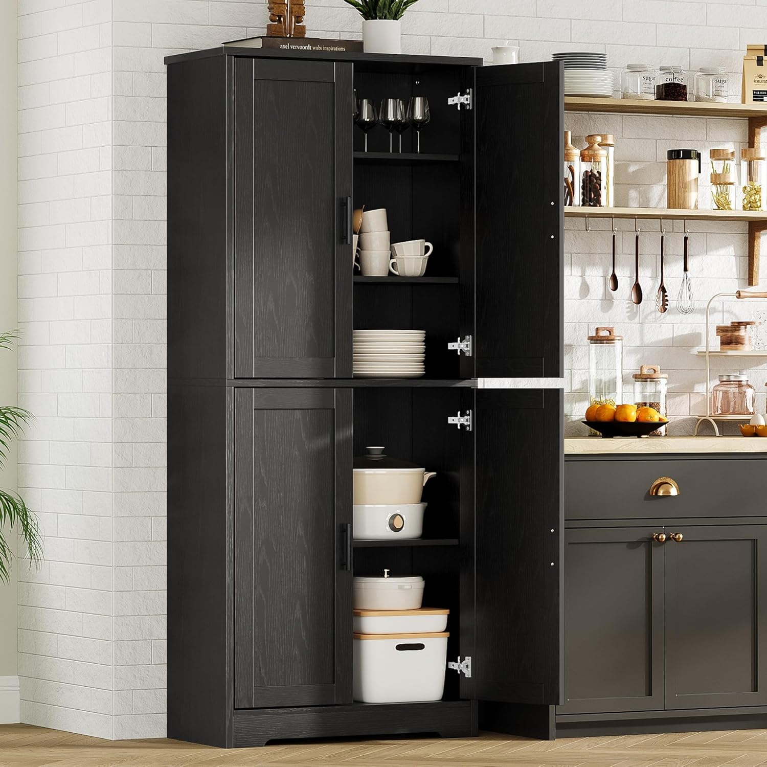 GarveeHome 70 in Tall Kitchen Pantry Cabinet, Freestanding Storage Cabinet with 4 Doors and Adjustable Shelves, Utility Cupboard for Dining Room, Living Room, Bathroom, Black