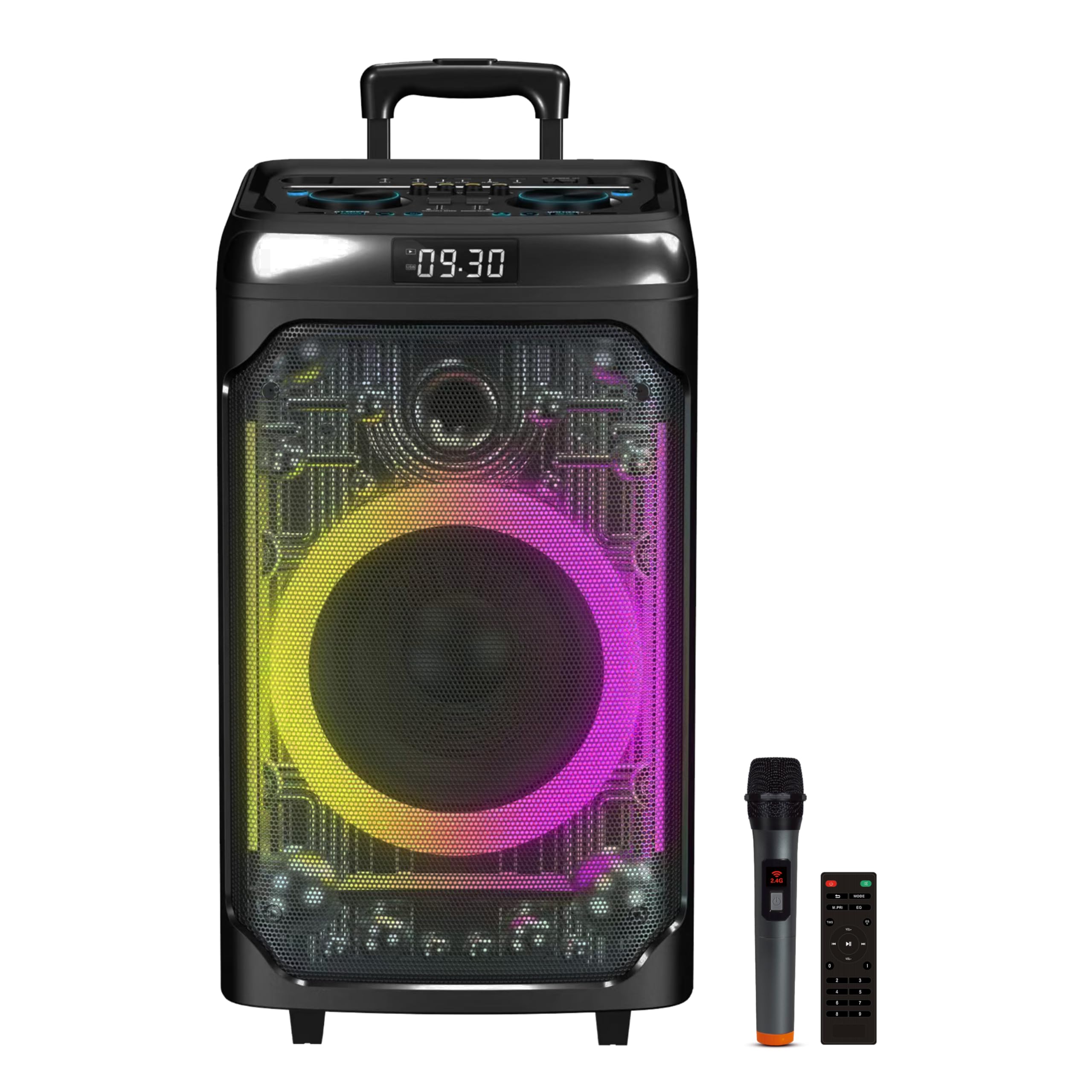 IQ Sound IQ-7612DJBT 12-inch Rechargeable Bluetooth Party Speaker with TWS, Powerful 100W Sound, LED Light Show, FM Radio, Mic & Guitar Input, USB/AUX, Bass & Treble Control & Easy Trolley Handle