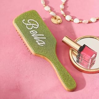 Green Custom Hair Brush Personalized Bridesmaid Gifts Rhinestone Name Hair Brush Handmade Rhinestones Hairbrush | Natural Wooden Bamboo Brush Suit For All Hair Types