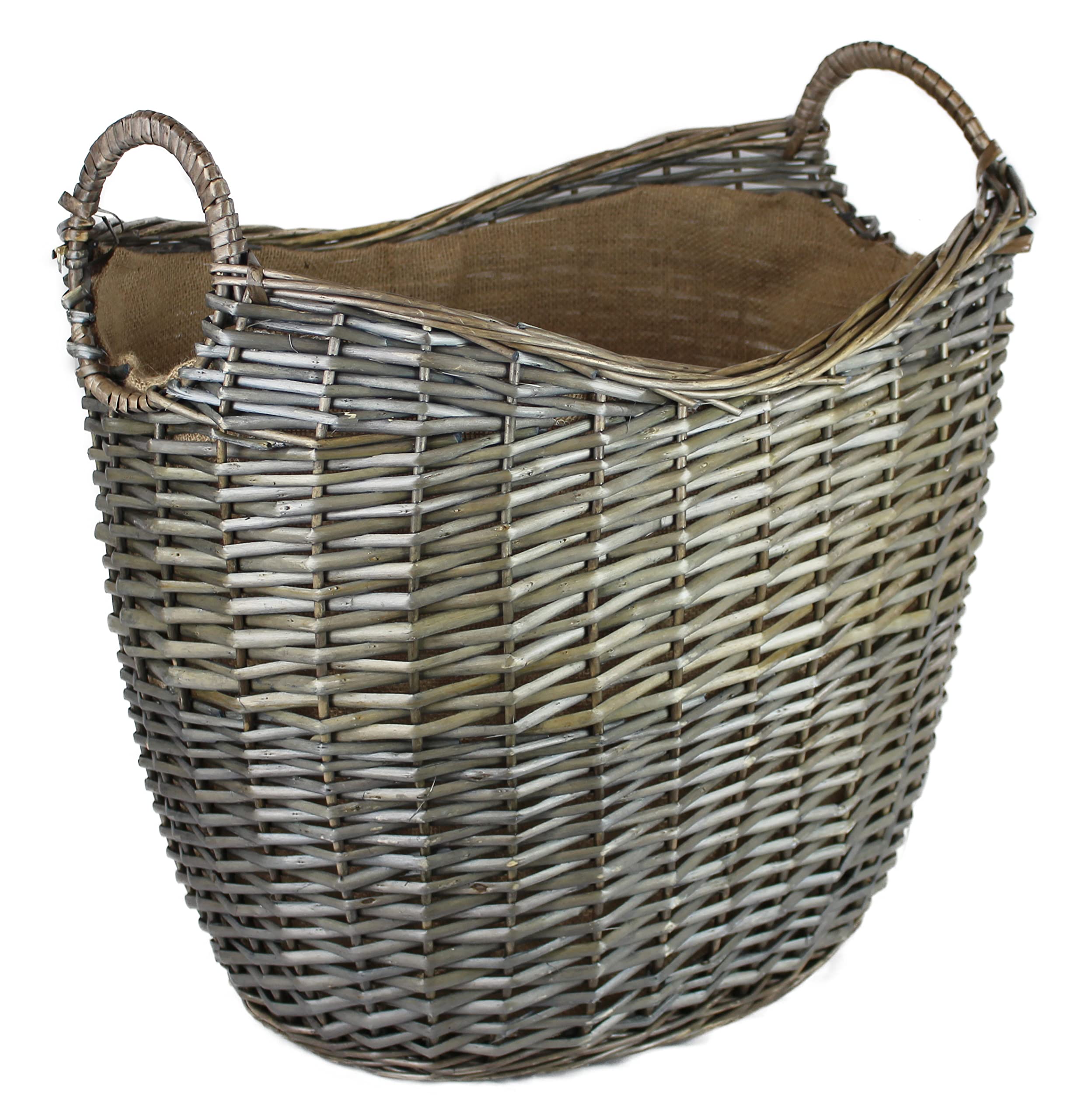 The Pescara Collection Hoop Handle Oval Grey & Antiqued Wicker Log Baskets. Hessian Lined. Wood & Kindling Storage For Home Hearths And Fireplace. Large Wood Burner Bin (, 35 Cm)