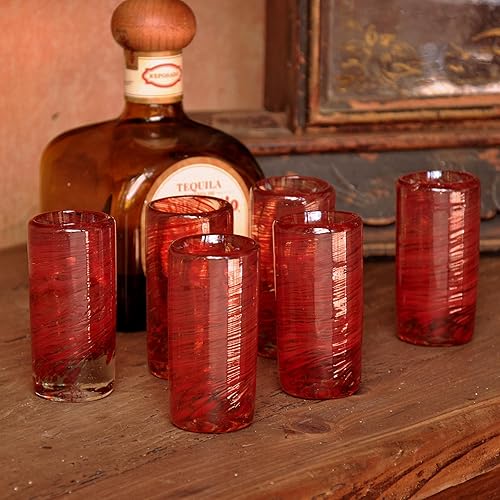 Miniatura 2 de NOVICA Vasos de chupito de vidrio reciclado de remolino rojo soplado a mano, 2 onzas 'Ripe Ruby' (juego de 6)
