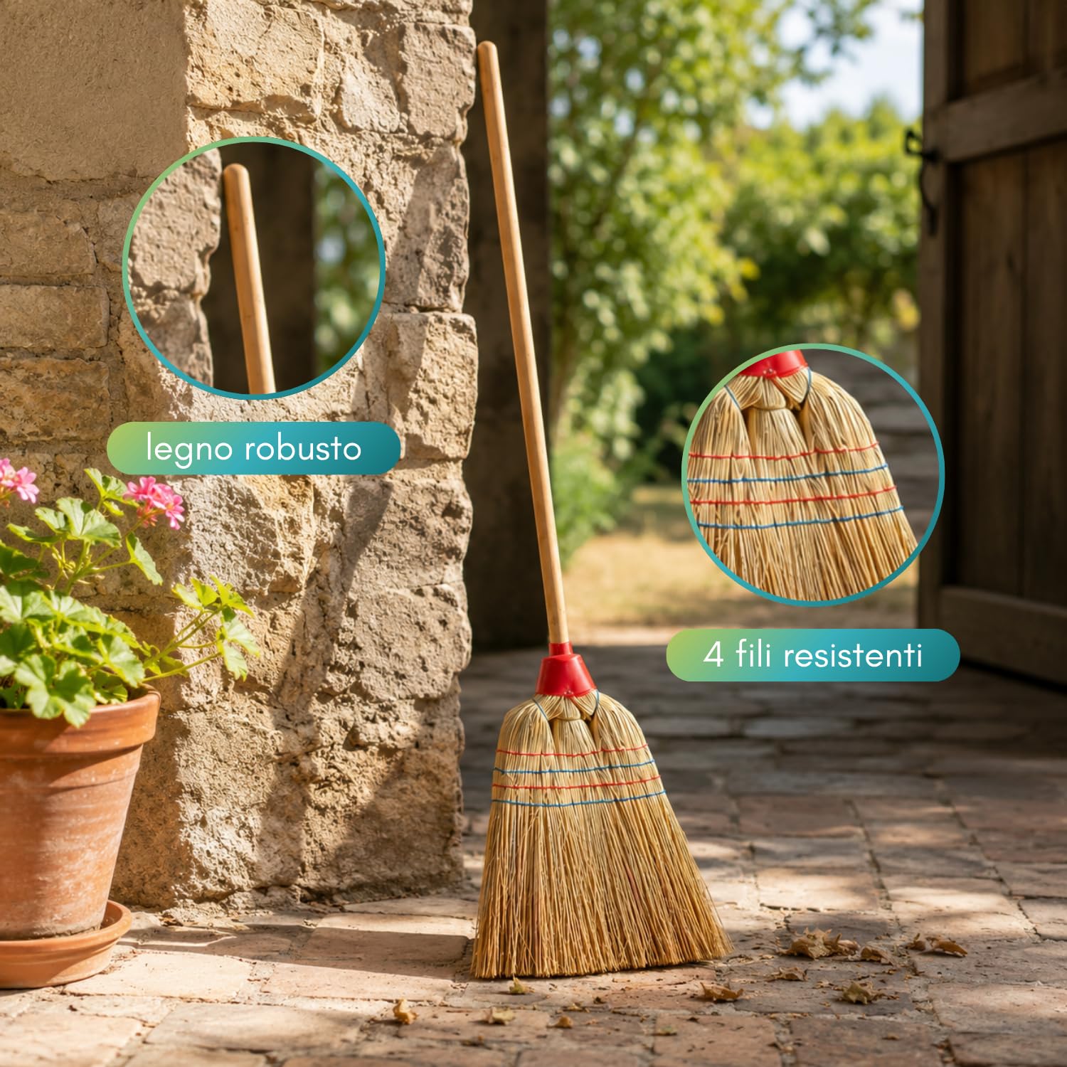 VIRSUS Set Scopa Saggina a 4 Fili + Paletta in Metallo Zincato, Scopa con Manico in Legno da 89 cm e 4 Cuciture, Paletta Antiruggine Manico 67 cm, per la Pulizia degli Esterni, Giardino, Viale -F