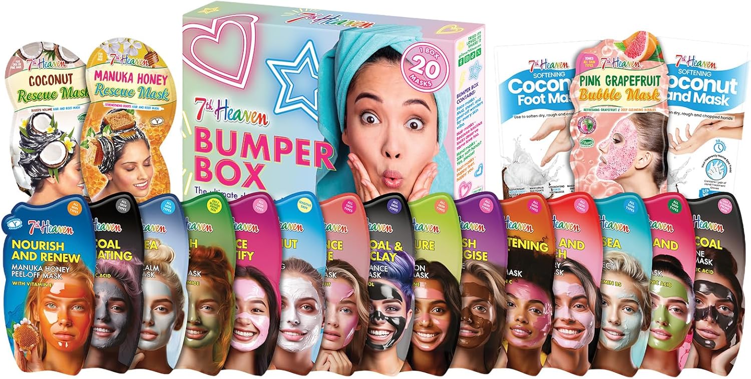 7th Heaven Bumper Box Face Mask Gift Set – Pack of 20 Face Masks – Deeply Moisturising and Skin Rejuvernating & Blemish Repair – Charcoal, Pink Rose Clay & Dead Sea Mud – Suitable For All Skin Types