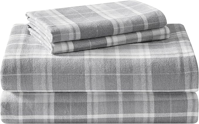 Laura Ashley Home - King Sheets, Cotton Flannel Bedding Set, Brushed for Extra Softness & Comfort (Mulholland Plaid Grey, King)