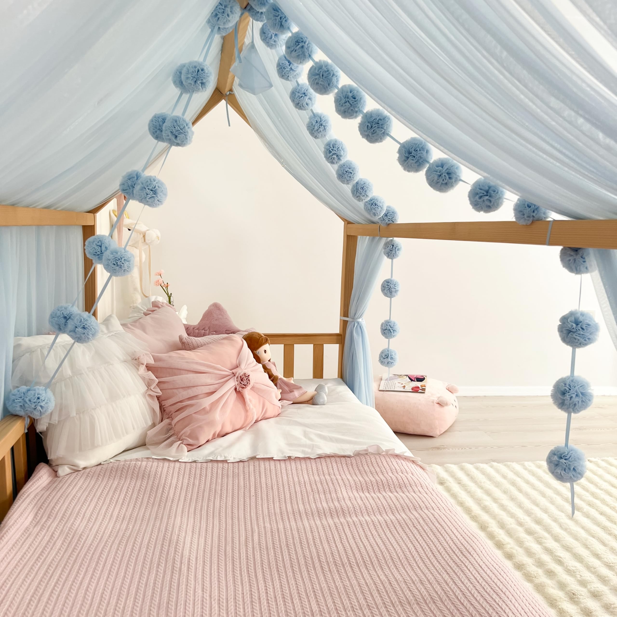 Tenda a baldacchino per letto della cameretta dei bambini, decorazione per letto montessori, tenda da gioco in morbido tulle per bambini (blu, 340 cm, set da 4)