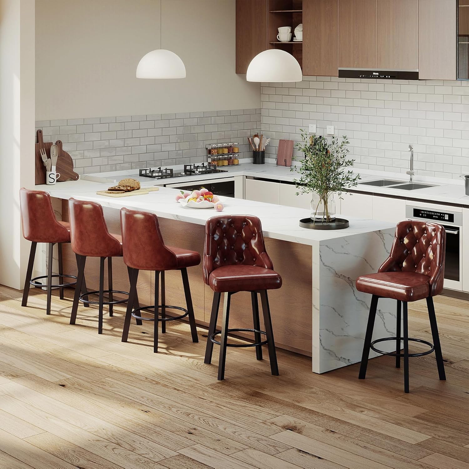 Youhauchair Bar Stools Set of 3, 26" Tufted Modern Counter Height Barstools with Back & Footrest & Metal Leg, Faux Leather Upholstered Bar Chair for Kitchen Island, Dining Room, Pub, Cafe, Brown
