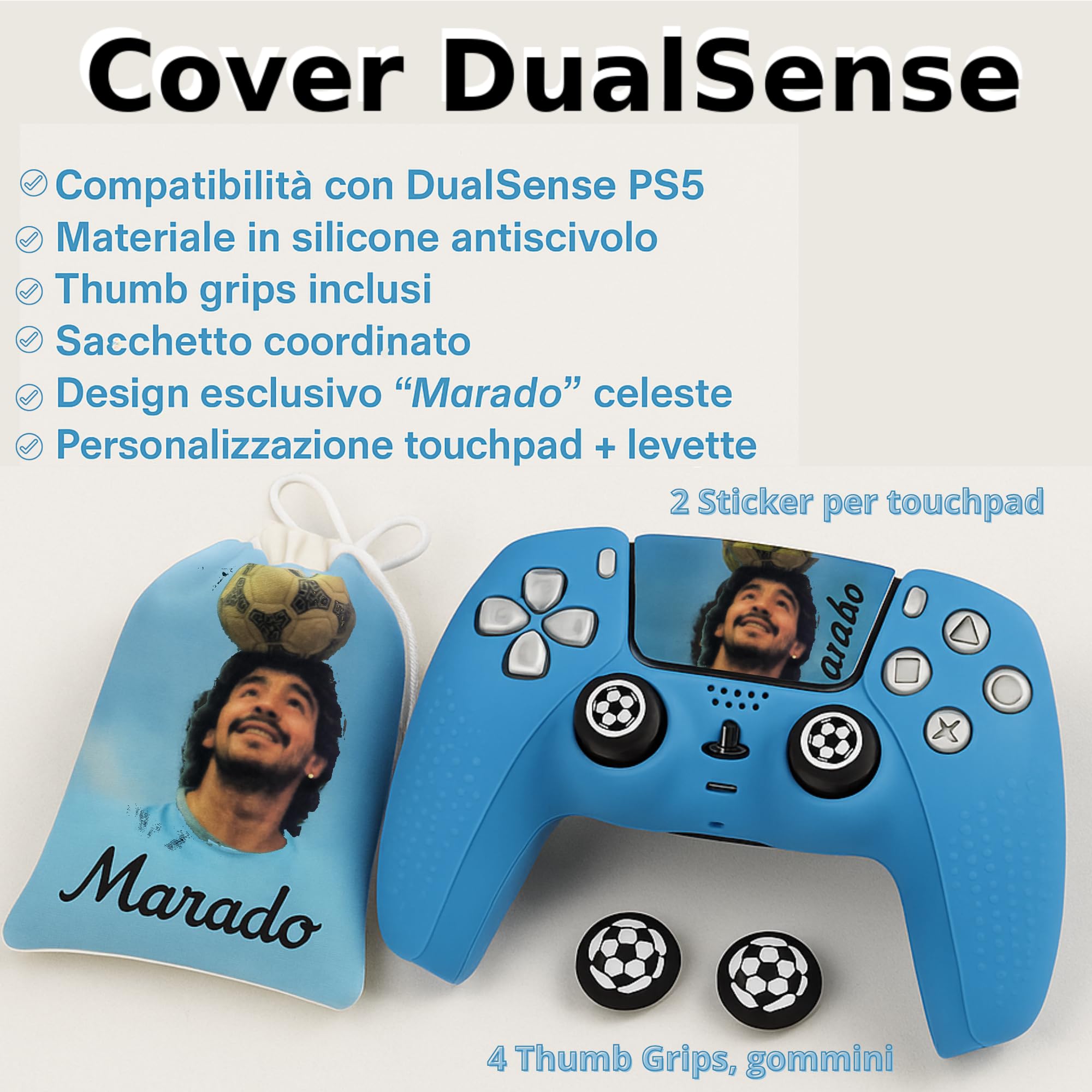 Kit Cover PS5 Celeste – Guscio in Silicone + Grips Antiscivolo (Thumb Grips) + Touchpad Sticker – Custodia Skin Anti Slip – Compatibile con Controller DualSense – Per veri tifosi