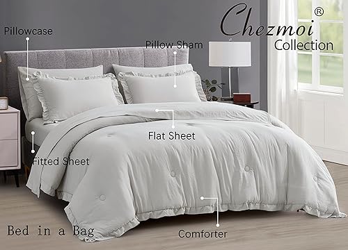 Miniatura 3 de Chezmoi Collection Eleanora - Juego de cama matrimonial en una bolsa, 7 piezas con ribete de volantes, suave y lavado, de microfibra de doble