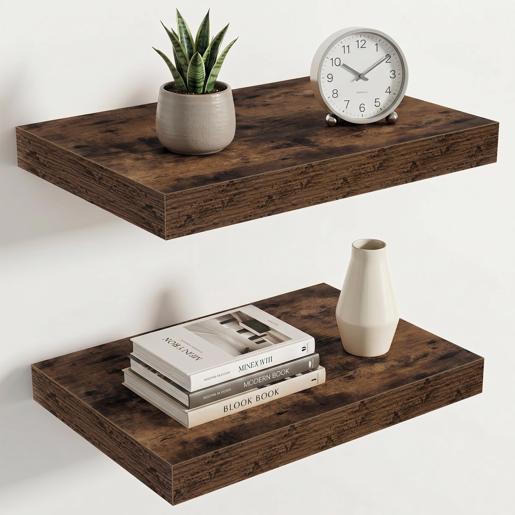 Acovy 25cm Extra Deep Floating Shelves, 40cm Long Wooden Wall Mounted Shelf, Wall Shelves for Living Room Bathroom Bedroom Kitchen, Vintage Brown, Set of 2