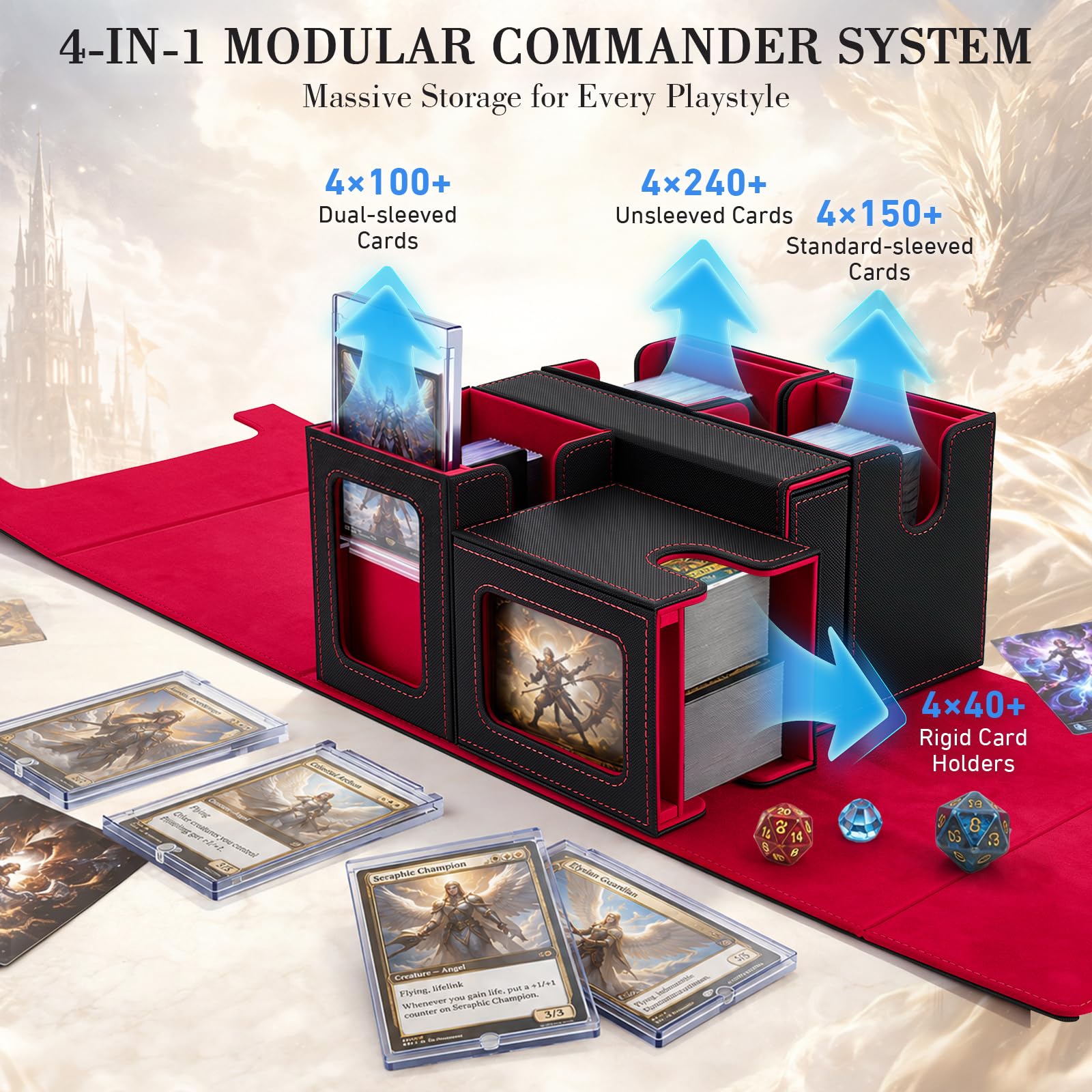Boîte de Rangement pour MTG, Commander Deck Box avec Würfelablage | Trading Card Aufbewahrungsbox Magnétique pour Commander avec Fenêtre et Séparateurs, Capacité 400+ Cartes Doppelt Gesleevte