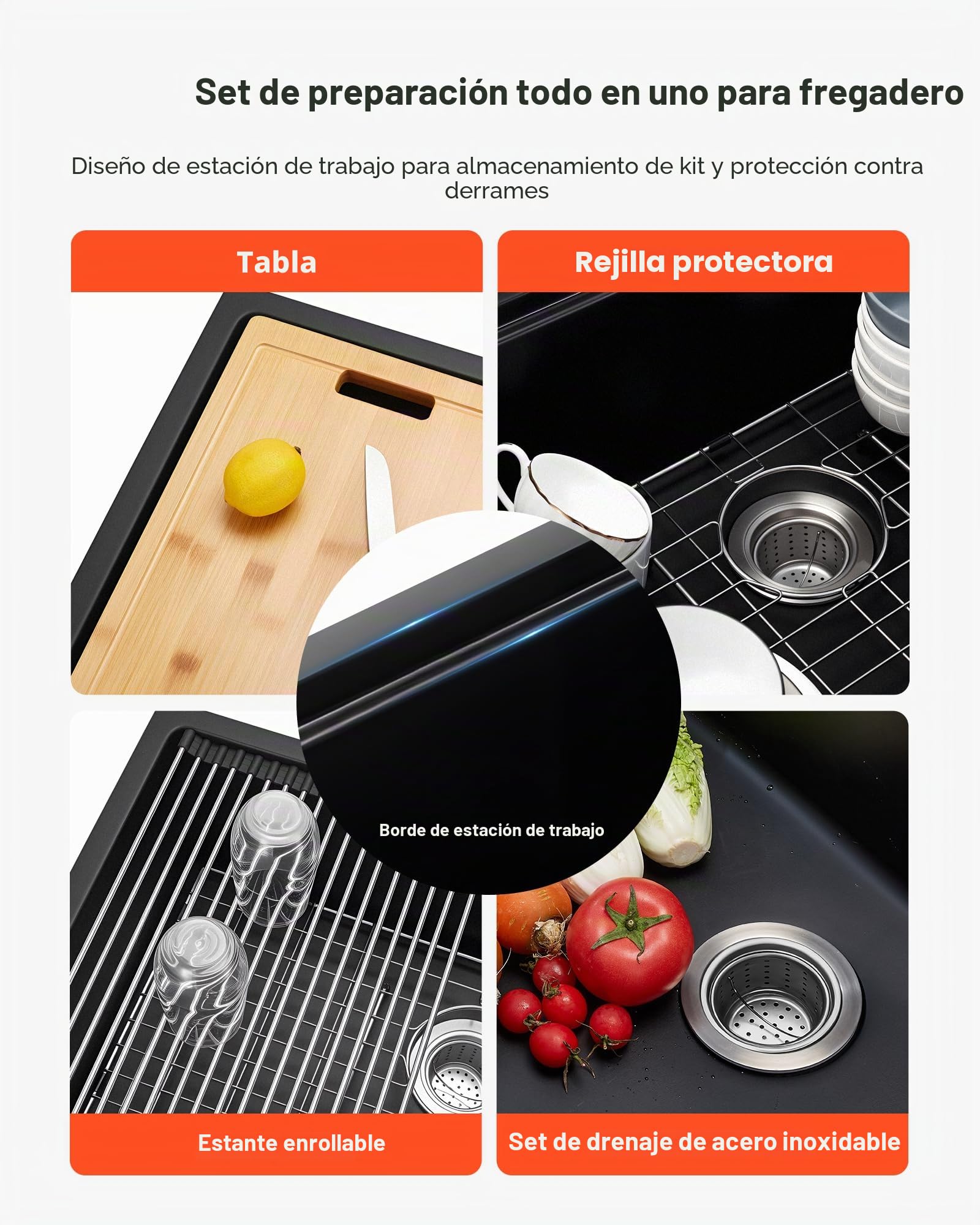 VEVOR Fregadero de Cocina de Granito Doméstico Montaje en Superficie, Fregadero Empotrado de Estilo Rústico con Accesorios, para Autocaravanas, Cocinas de Preparación, Negro, 762 x 457 x 230 mm