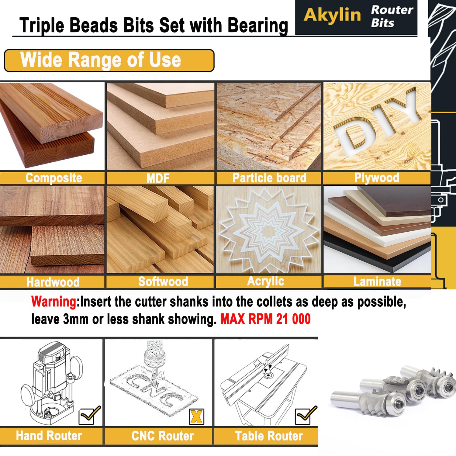 5pcs Triple Beading Router Bit Set,1/2" Shank,Radius 3/32",1/8",5/32", 5/32" and 3/16",Bearing Guided Cutters for Wood Multiple Beads Profiling,Molding,Edging