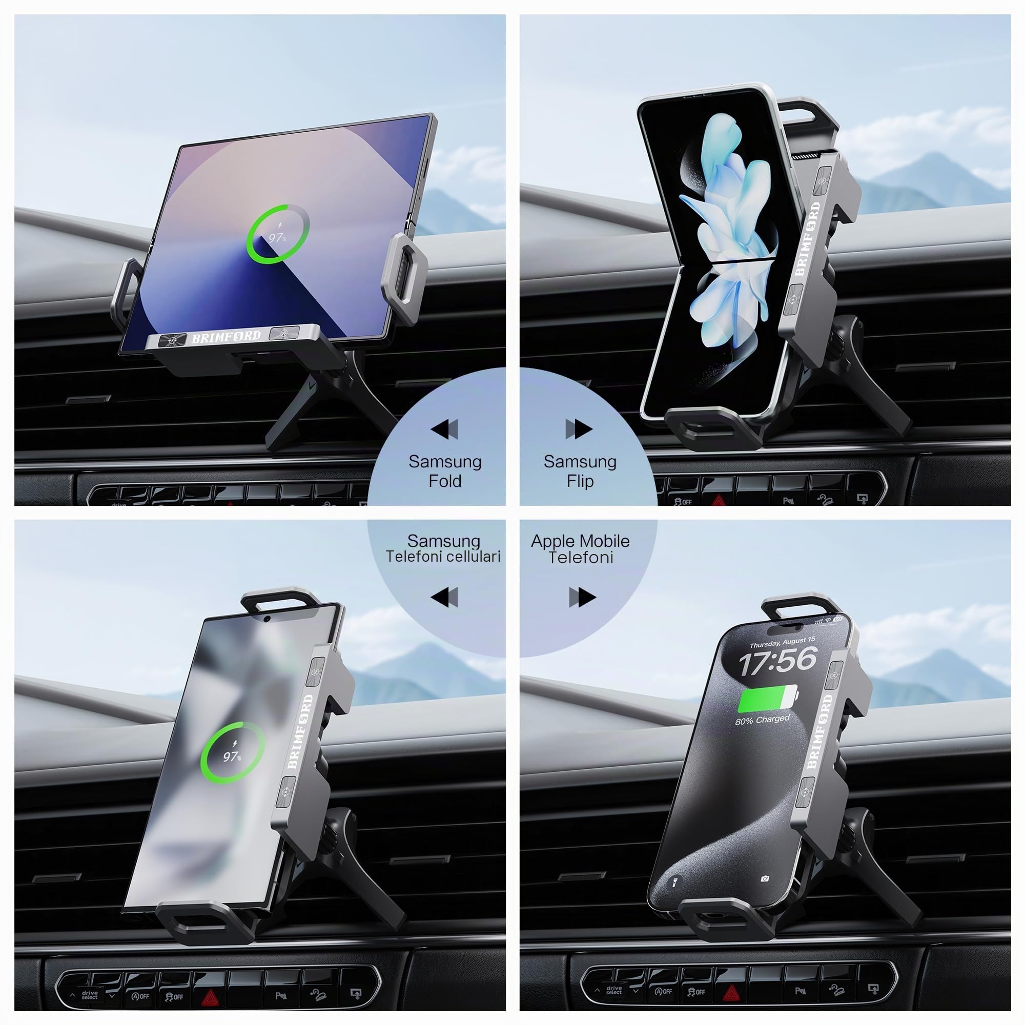 Supporto Telefono Auto Universale per Samsung Galaxy Z Fold 7/6/5/4 Z Flip 7,per iPhone, con Ricarica Wireless Veloce Qi, Rotazione 90°, Fissaggio 2in1 Bocchetta Aria/Cruscotto