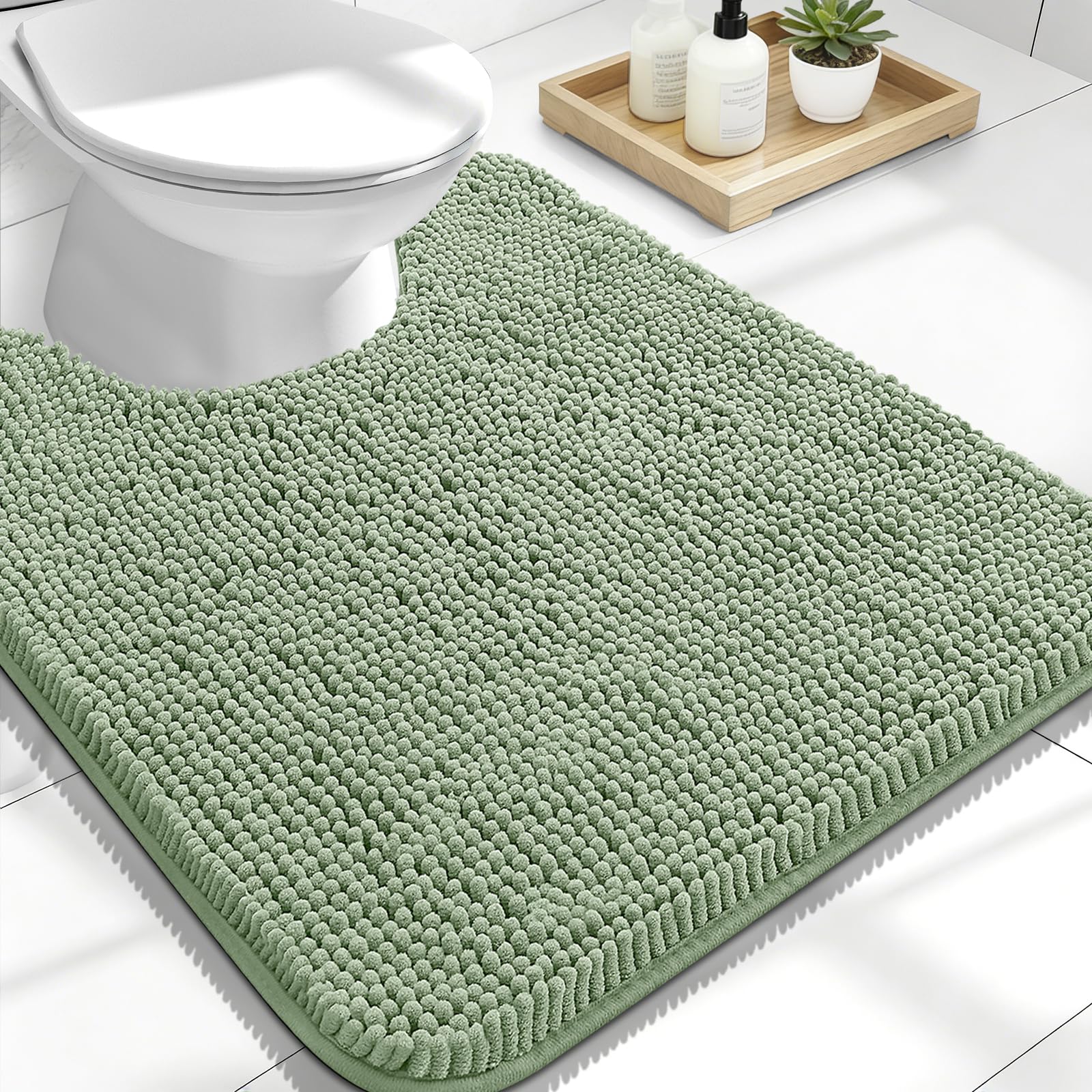 OLANLY Toilet Rugs U-Shaped 24x20, Soft Absorbent Chenille Contour Rugs | Sage Green, Quick-Drying Rubber Backing, Machine Washable Non-Slip Shaggy Bathroom Mat for Toilet, Home Decor Accessories