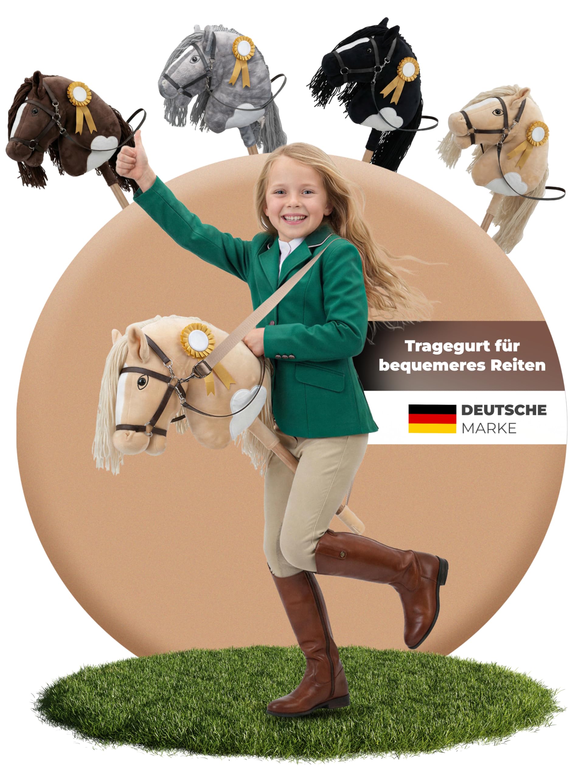 Hobby Horse - Cavallo a bastoncino fatto a mano per bambini da 4 a 12 anni, realistico, con cinghia regolabile e fiocco da torneo (beige e bianco)