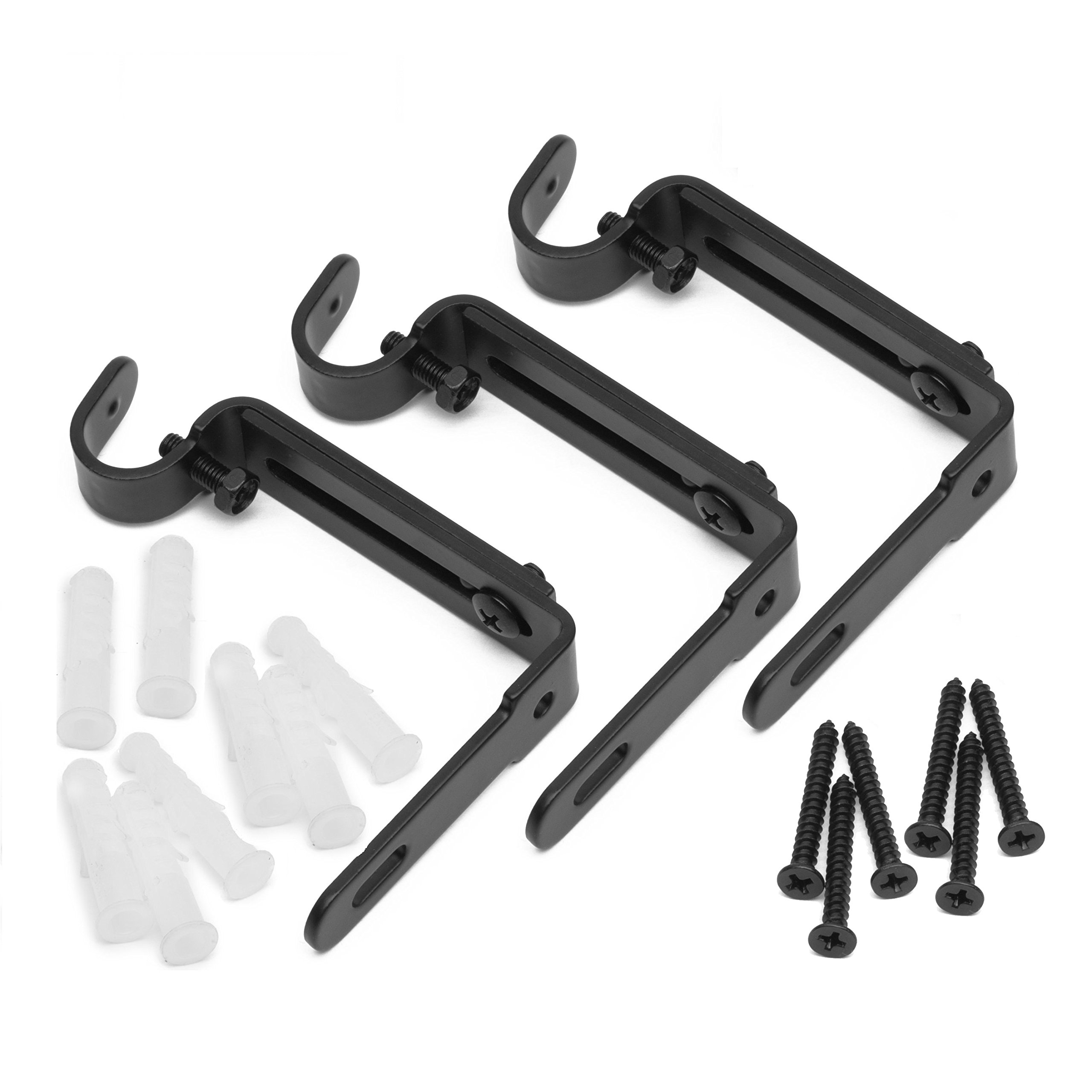 Adjustable Curtain Rod Brackets, Set of 3, Black, Premium Steel Single Rod Bracket for Walls, Drapery Rod Holder, Extendable Metal Wall Bracket