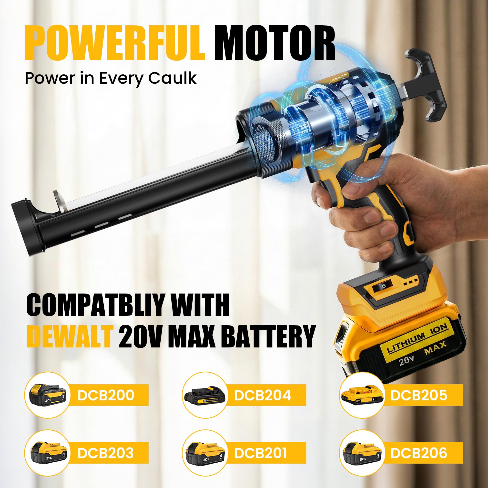 Pistola de calafateo eléctrica compatible con batería Dewalt de 20 V máximo, pistola de calafateo inalámbrica de 10 onzas con 6 velocidades ajustables, luz LED, pistola de calafateo alimentada