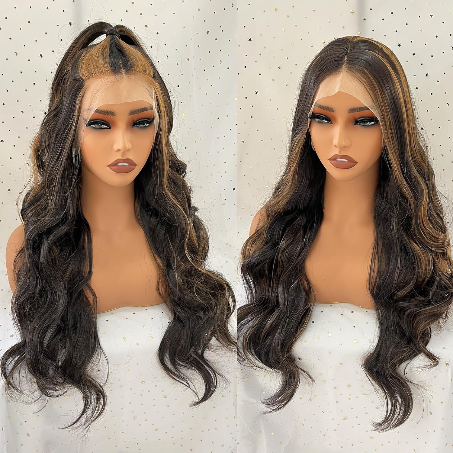 13x4 Lace Front Wigs for Women Long Brown Wavy Synthetic Wig With Highlights Heat Resistant Glueless HD Lace Wig 22 Inches
