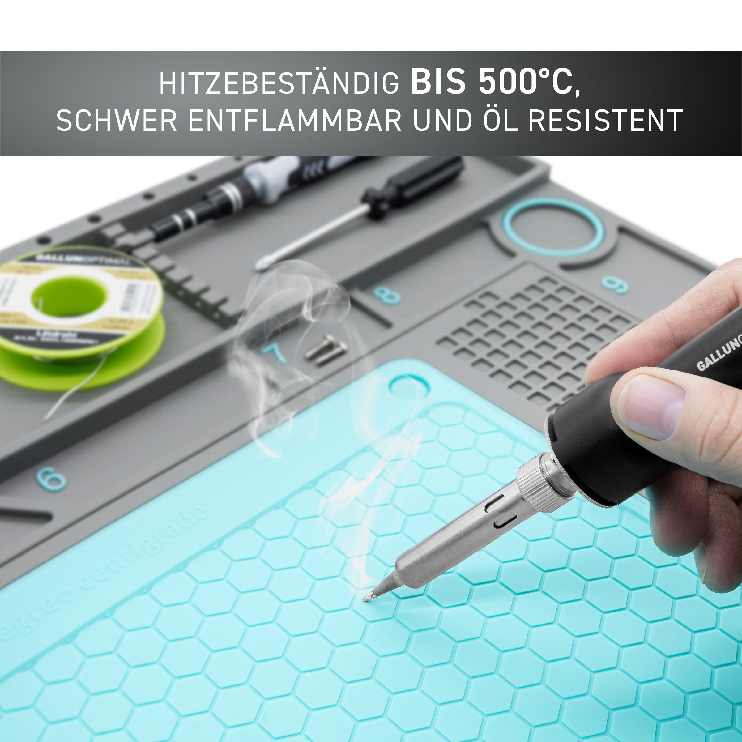 ESD-Arbeitsunterlage und Lötmatte Größe L 57 x 38 cm, Soft-PVC/Gummi mit abnehmbarer Silikoneinlage bis 500°C, Bauteil- und Werkzeugorganizer, 3 magnetische Bereiche