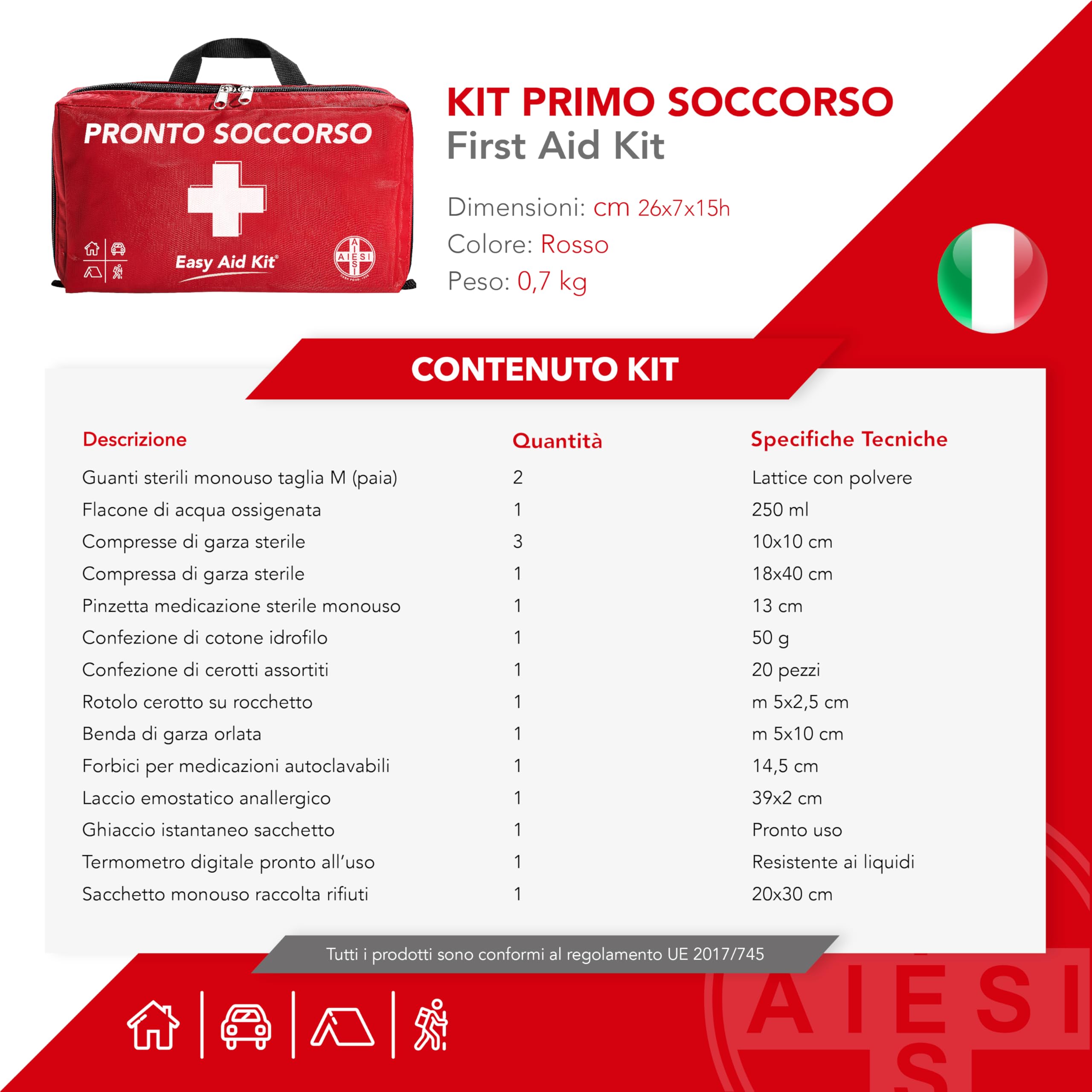 AIESI® Kit di Pronto Soccorso professionale con TERMOMETRO e DISINFETTANTE per auto casa viaggio barca moto trekking EASY AID KIT, Borsa di emergenza completa per medicazione, Made in Italy