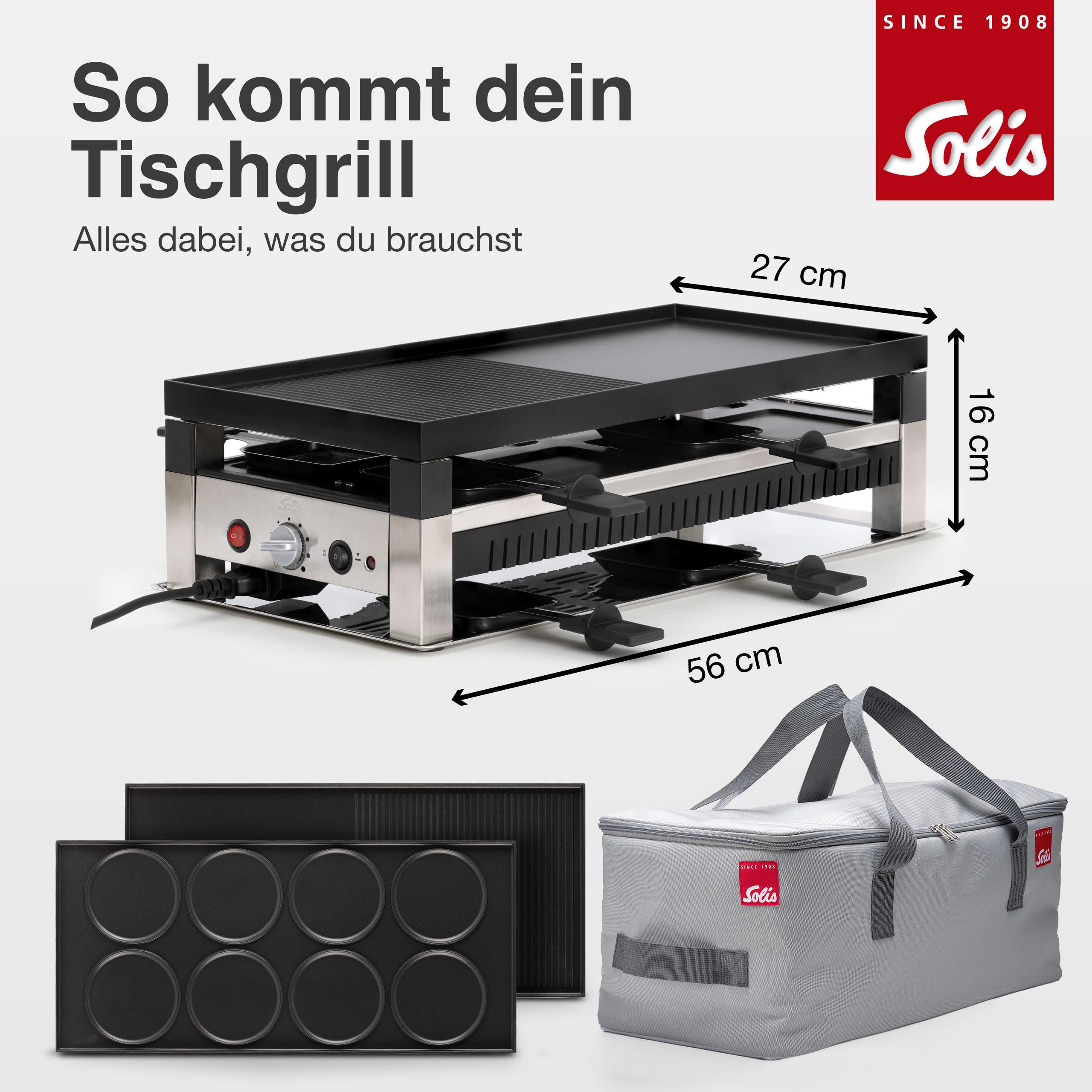 Solis 5in1 Tischgrill mit 1400 W, Elektrischer Grill für 8 Personen, Indoor Grill mit Raclette- und Mini-Wok-Pfännchen, Elektrogrill für Balkon, Garten und Küche, Edelstahl, inkl. Transporttasche