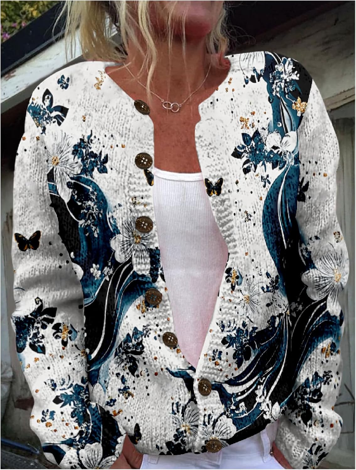 Floral Sweaters for Women Cardigan Button Up Cropped Knitted Oversized 2024 Fall Fashion Open Front Chunky Blouses - Image 2