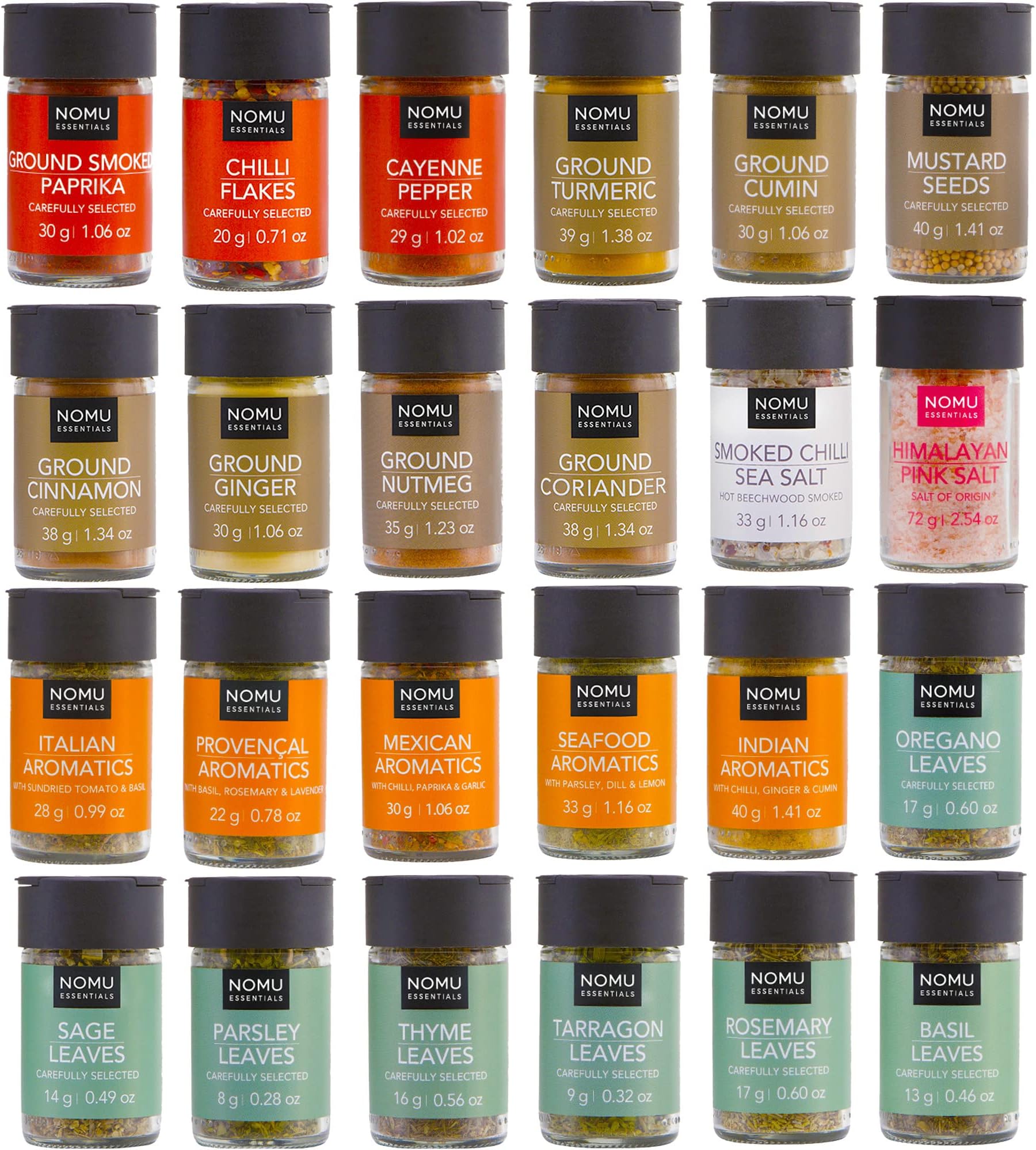 NOMU 24-Piece Starter Variety Set of Spices, Herbs, Chilis, Salts and Seasoning Blends Kit | 24.1 Oz | Non-irradiated, No MSG or Preservatives
