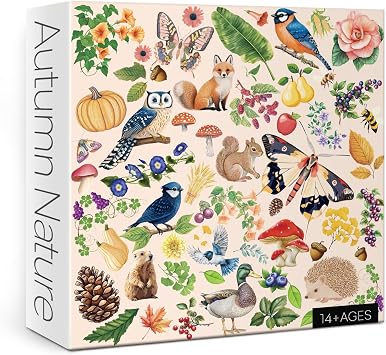 Fall Nature Painting Jigsaw Puzzle 1000 Piece for Adult, Funny Cute Animal Plant Jigsaw Puzzles, Bird Butterfly Flower Duck Puzzle