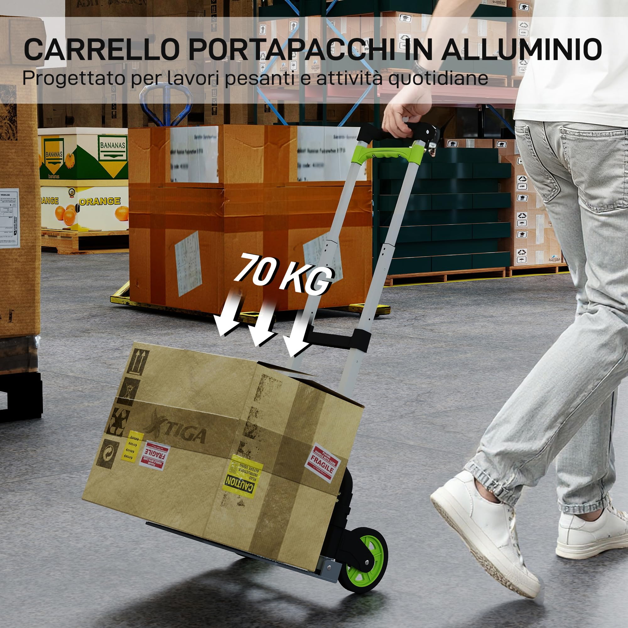 HOMCOM Carrello Portapacchi Pieghevole 70 kg Maniglia Telescopica Argento | Carrellino Porta Tutto, Alluminio, con Ruote, per Officina e Casa