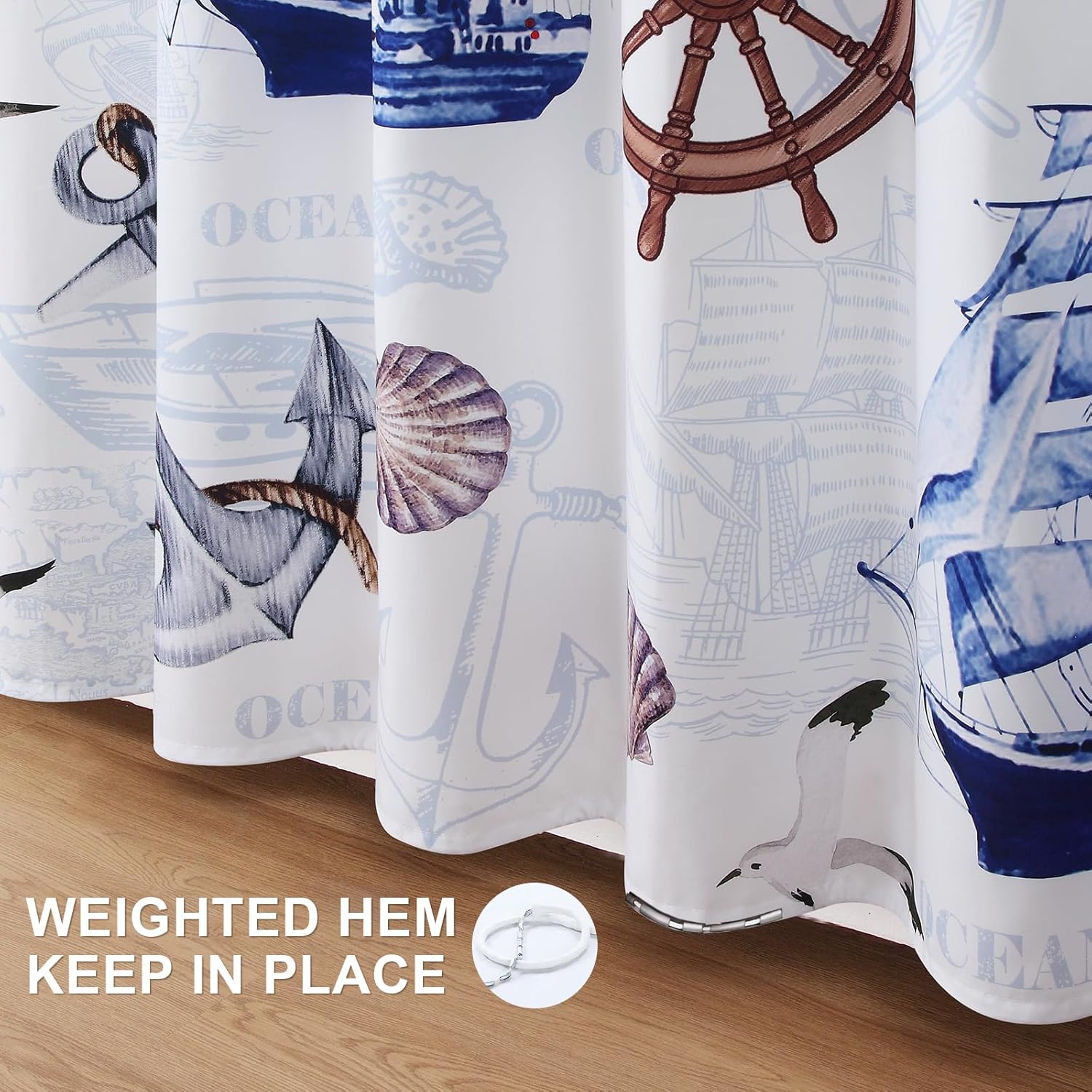 GASIYU Nautical Blue and White Sailboat Ocean Fabric Shower Curtain, Sea Sailing Navy Polyester Bath Curtain, Coastal Voyage Bathroom Curtains, Extra Long 72" W x 90" H