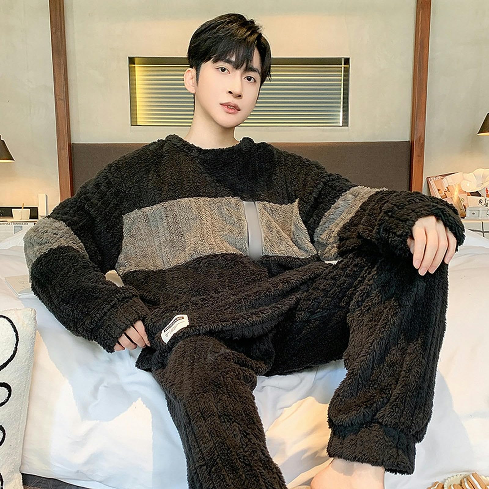 Pigiama in Flanella Pigiatura da Uomo A Manica Lunga Jacquard Abiti da Casa Peluche Inverno Sciolto Caloroso Set A Due Pezzi-Black+caffè-XXL