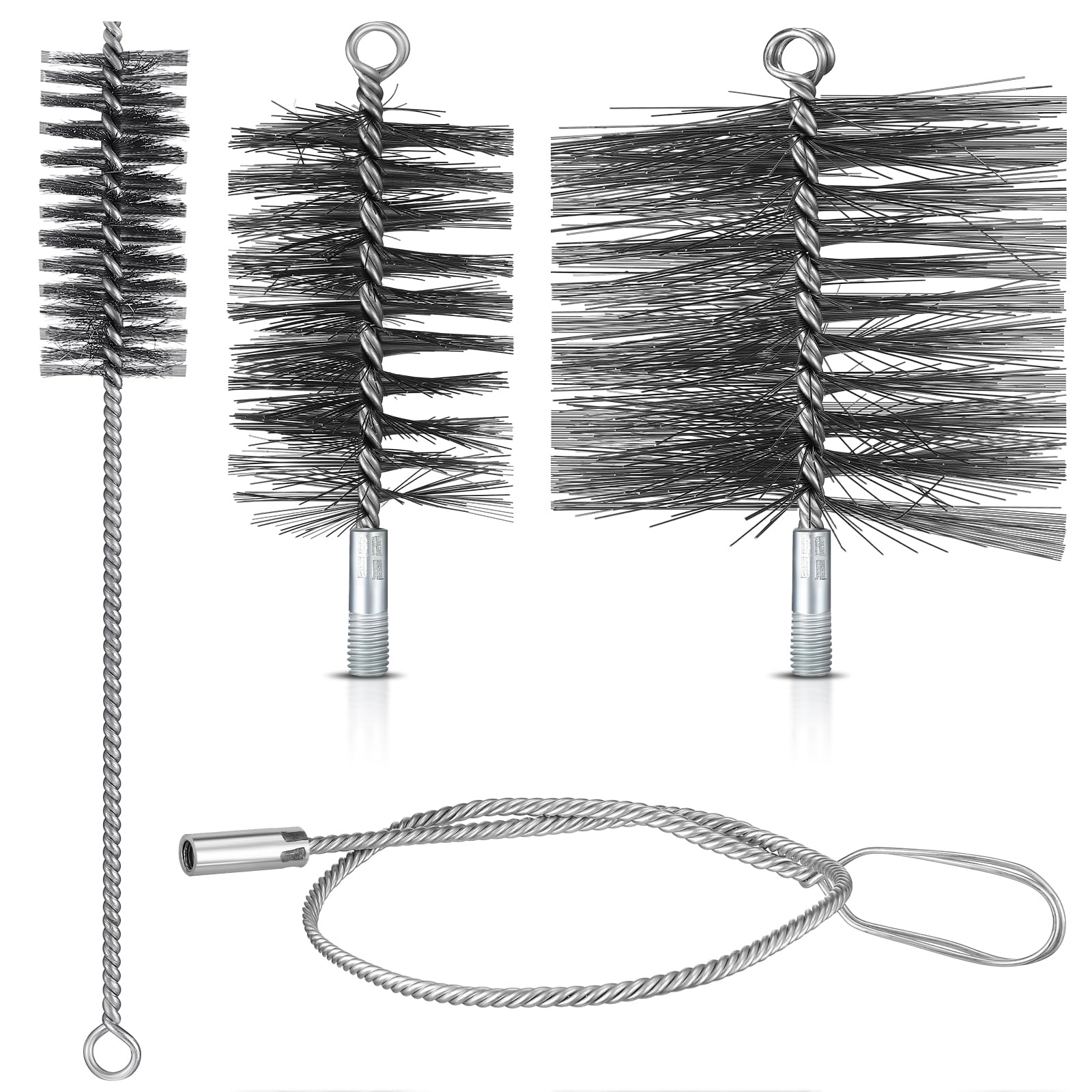 Sinmoe Juego de Cepillos para Tubos de Estufa 80 mm 150 mm Cepillo Caldera Alambre 4 cm Cepillo de Tubo de Alambre Longitud Total 30 cm Escoba para Chimenea con Varilla Flexible 100 cm